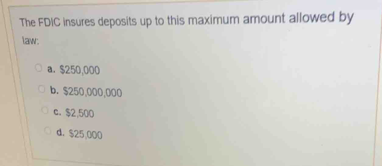 the fdic insures deposits up to this maximum amount allowed by law: a. …