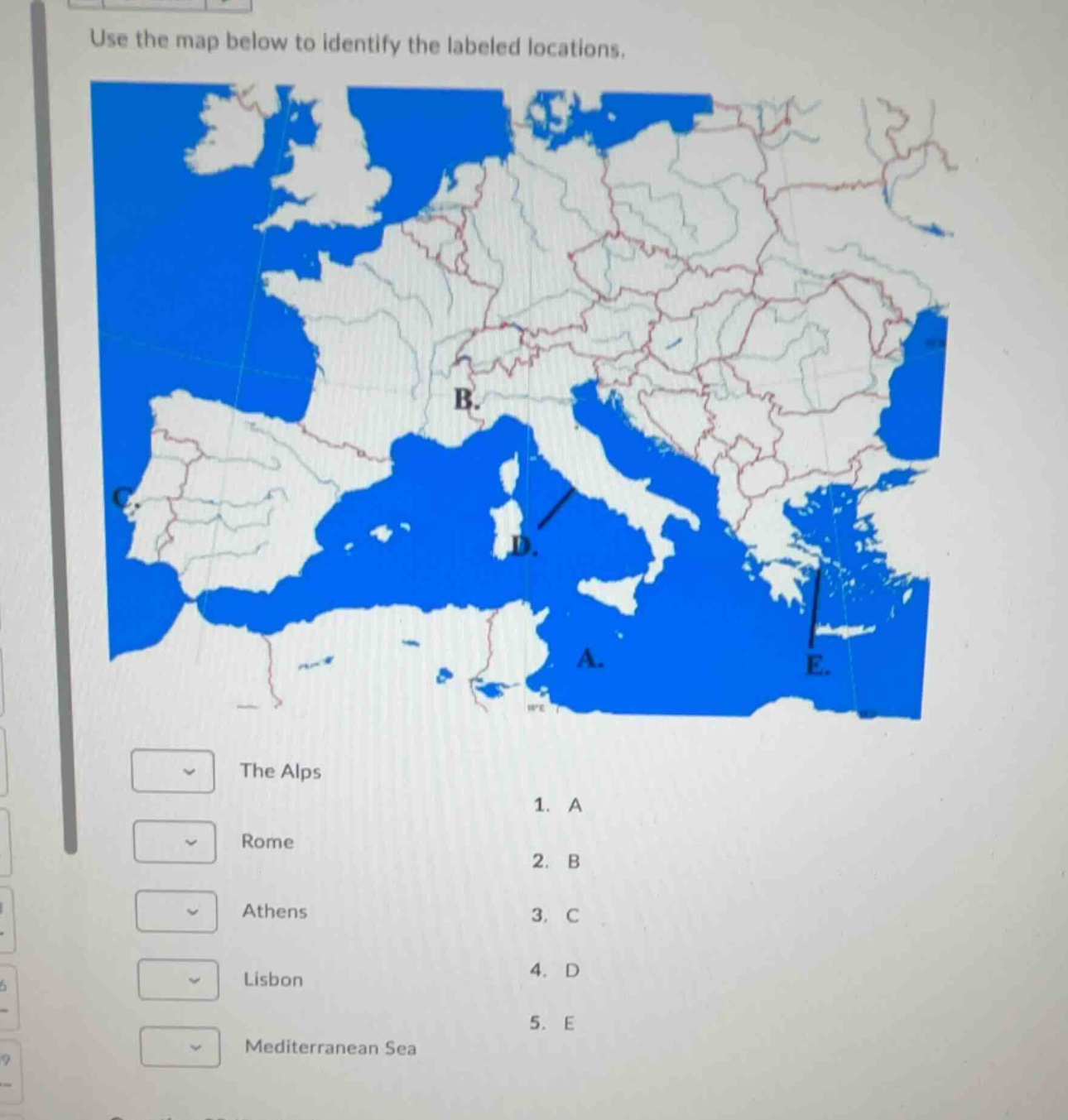 use the map below to identify the labeled locations. the alps rome athe…