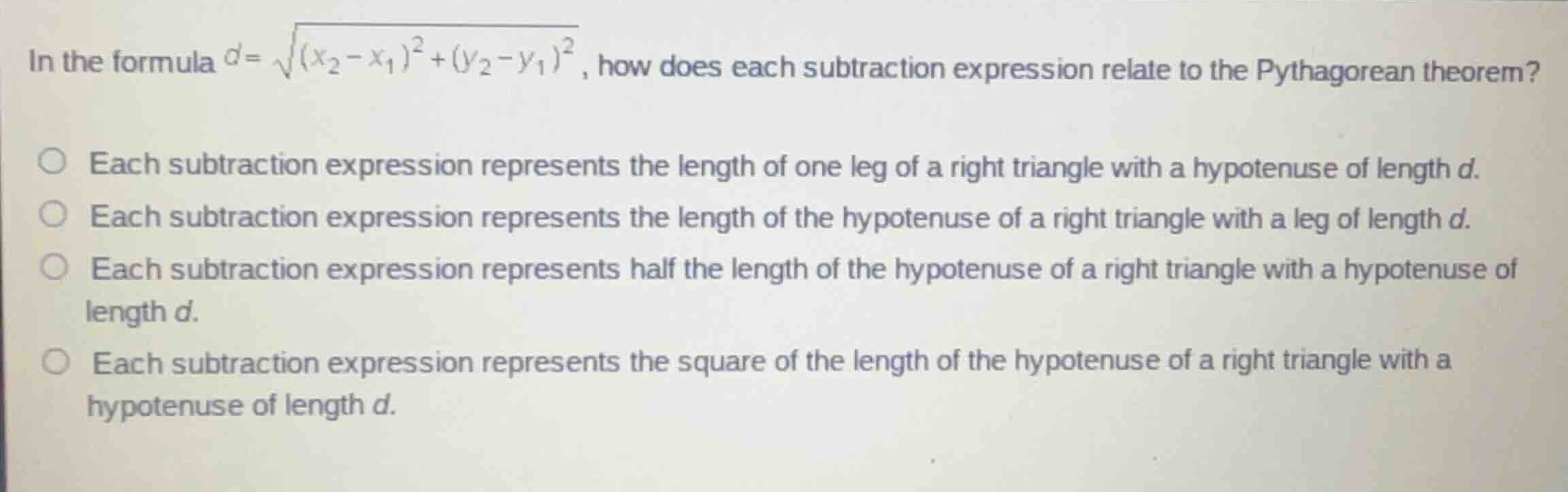 in the formula (d = \\sqrt{(x_2-x_1)^2 + (y_2-y_1)^2}), how does each s…