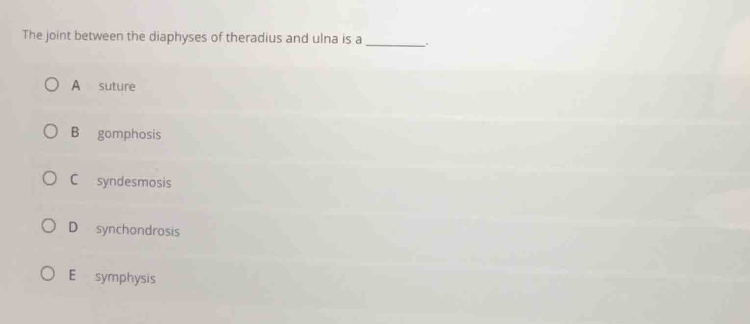 the joint between the diaphyses of theradius and ulna is a ______. a su…