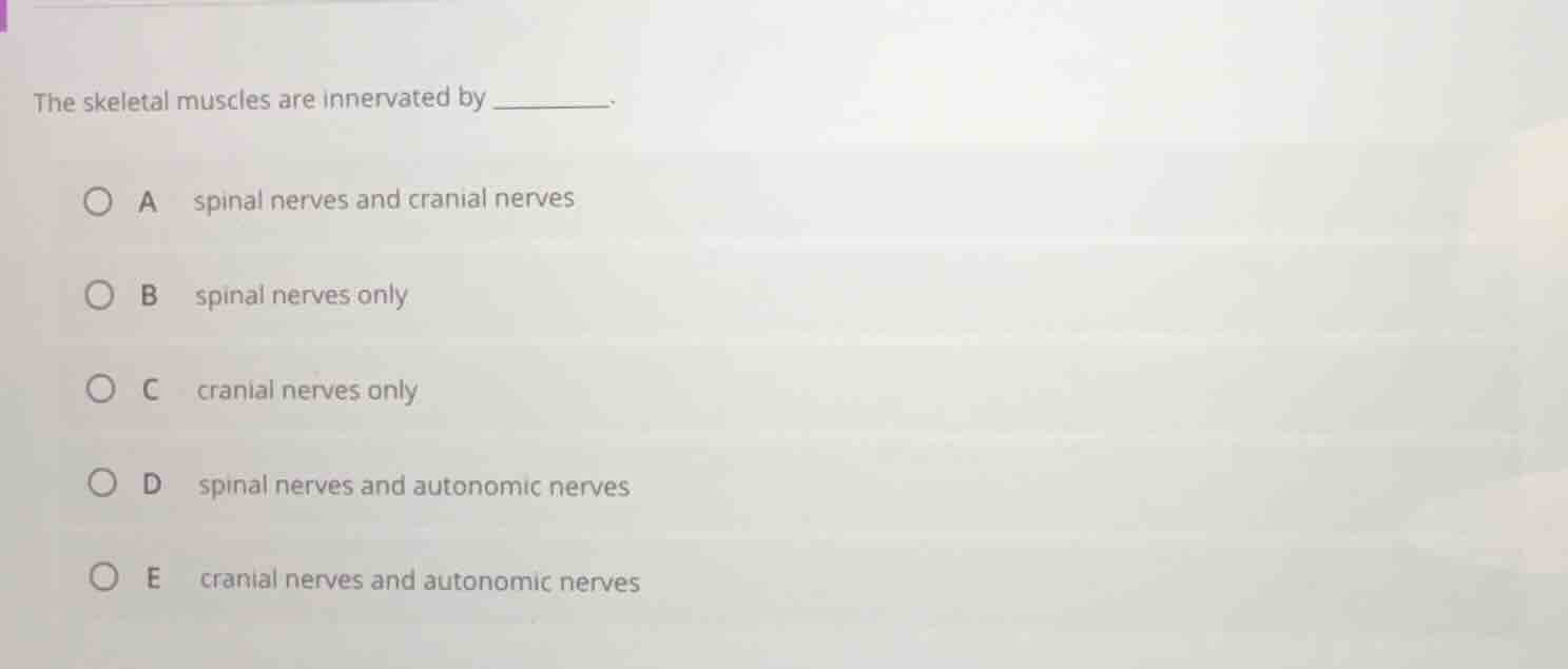 the skeletal muscles are innervated by ______. a spinal nerves and cran…