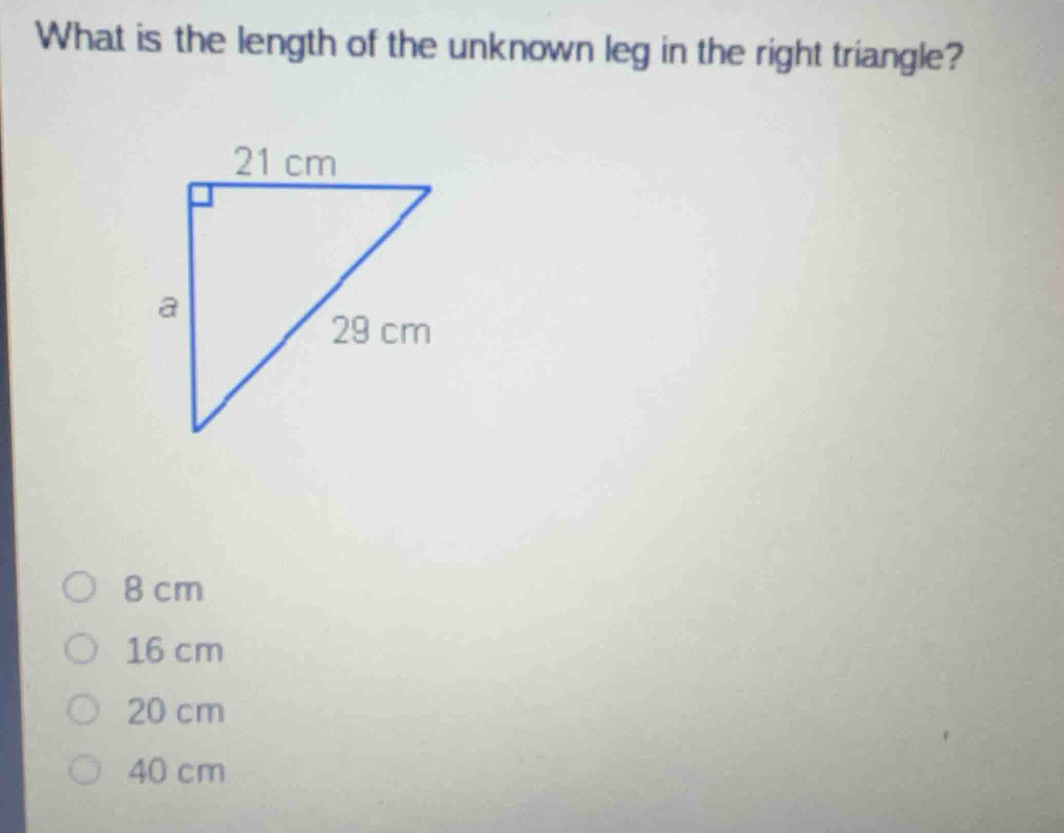 what is the length of the unknown leg in the right triangle? * 8 cm * 1…