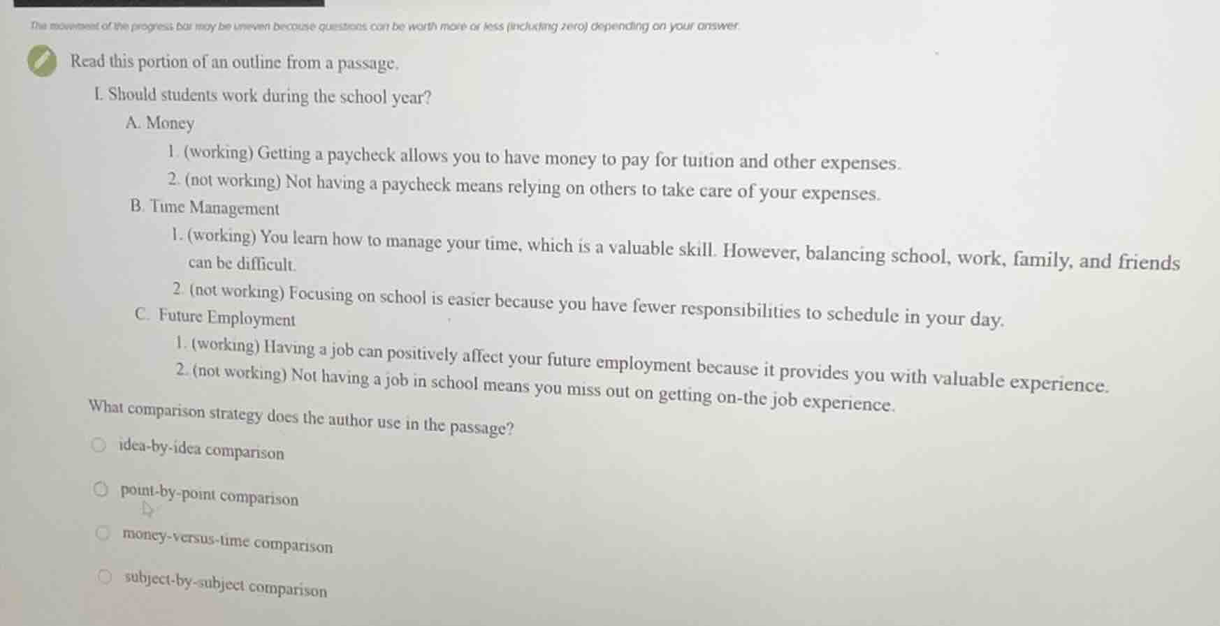 read this portion of an outline from a passage. i. should students work…