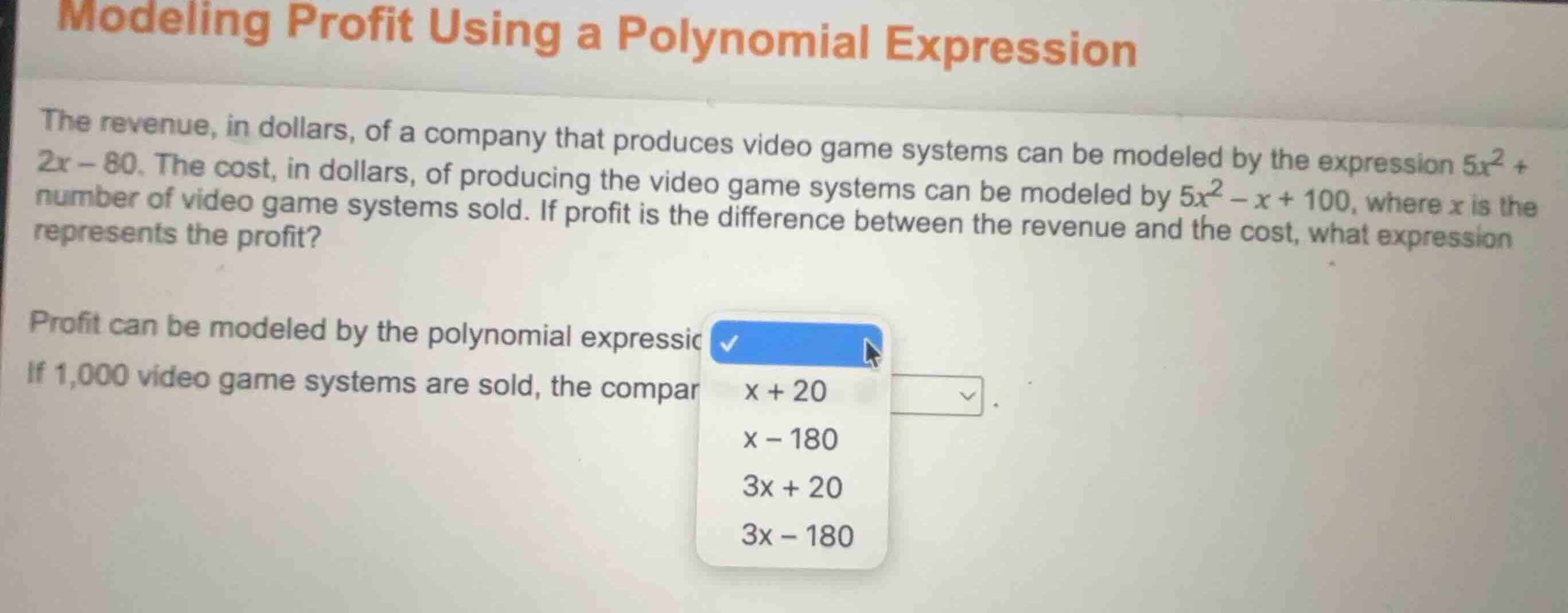 modeling profit using a polynomial expression the revenue, in dollars, …