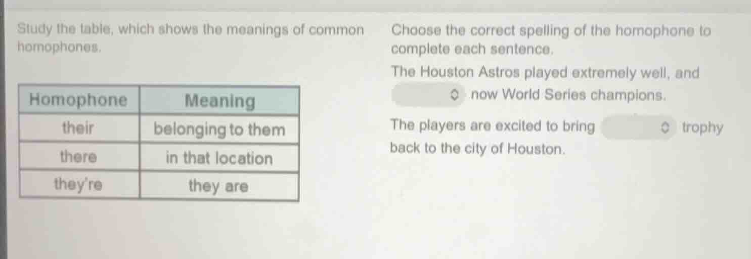 study the table, which shows the meanings of common homophones. \\begin…