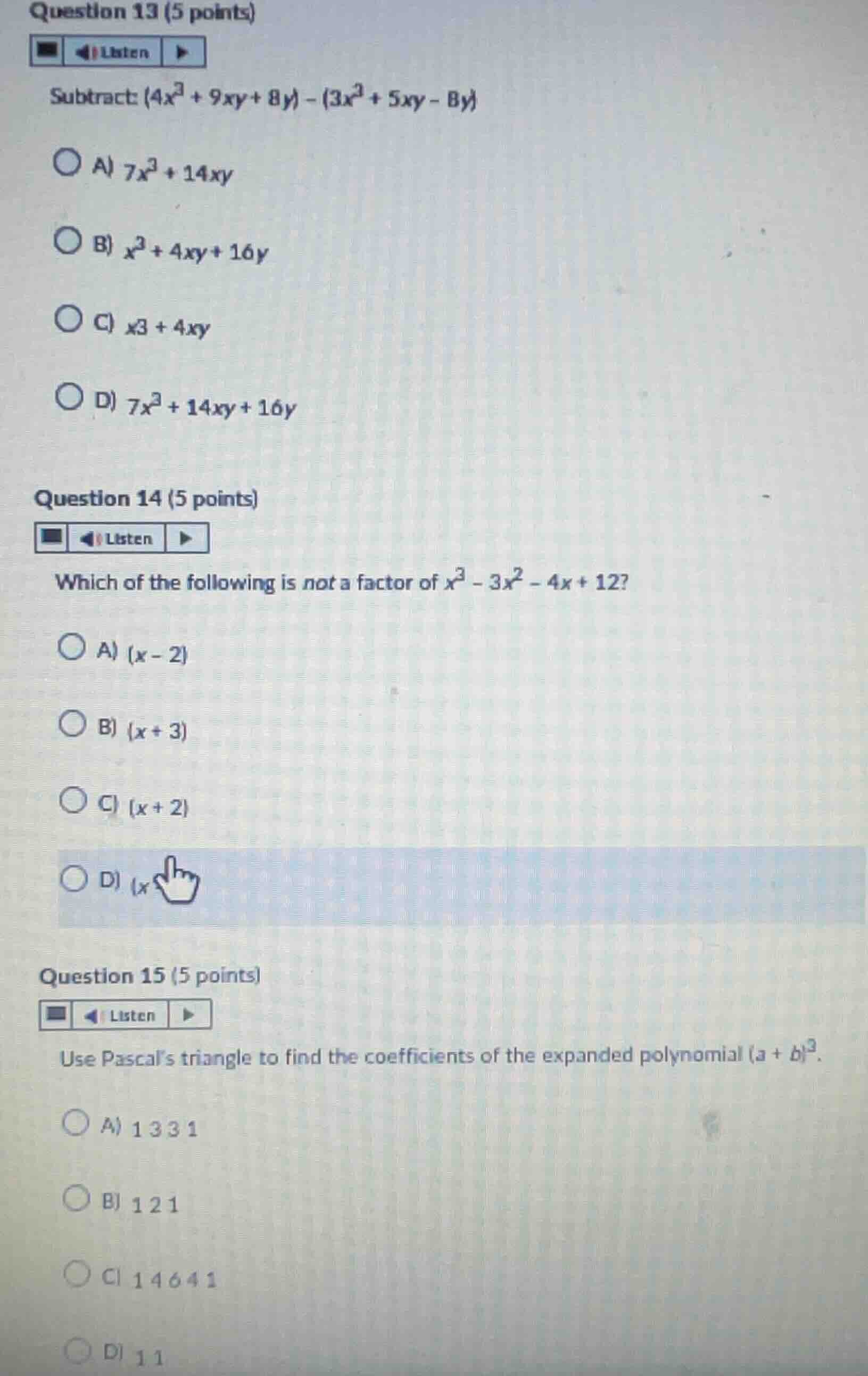question 13 (5 points) subtract: \\((4x^3 + 9xy + 8y) - (3x^3 + 5xy - 8…