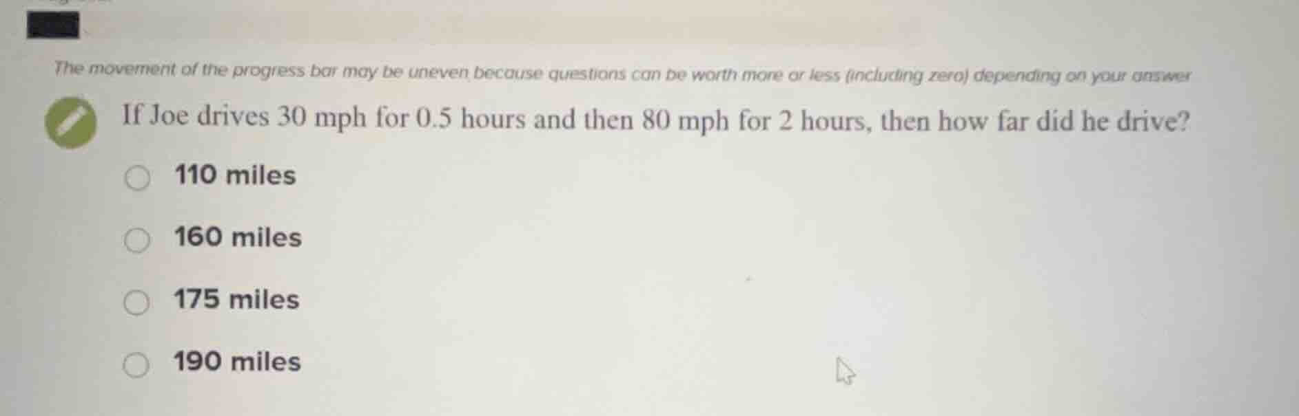 if joe drives 30 mph for 0.5 hours and then 80 mph for 2 hours, then ho…