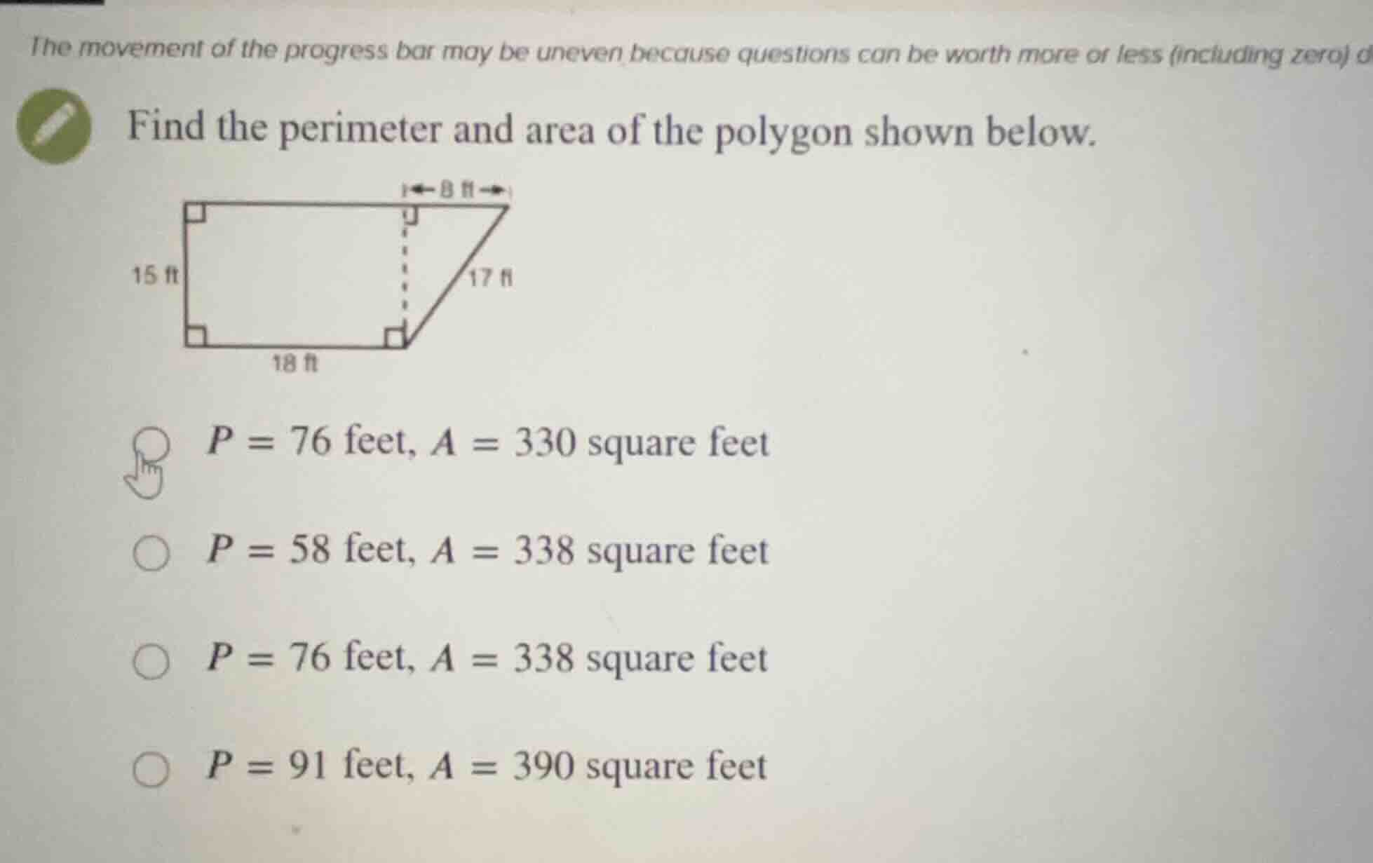 find the perimeter and area of the polygon shown below. \\(p = 76\\text…