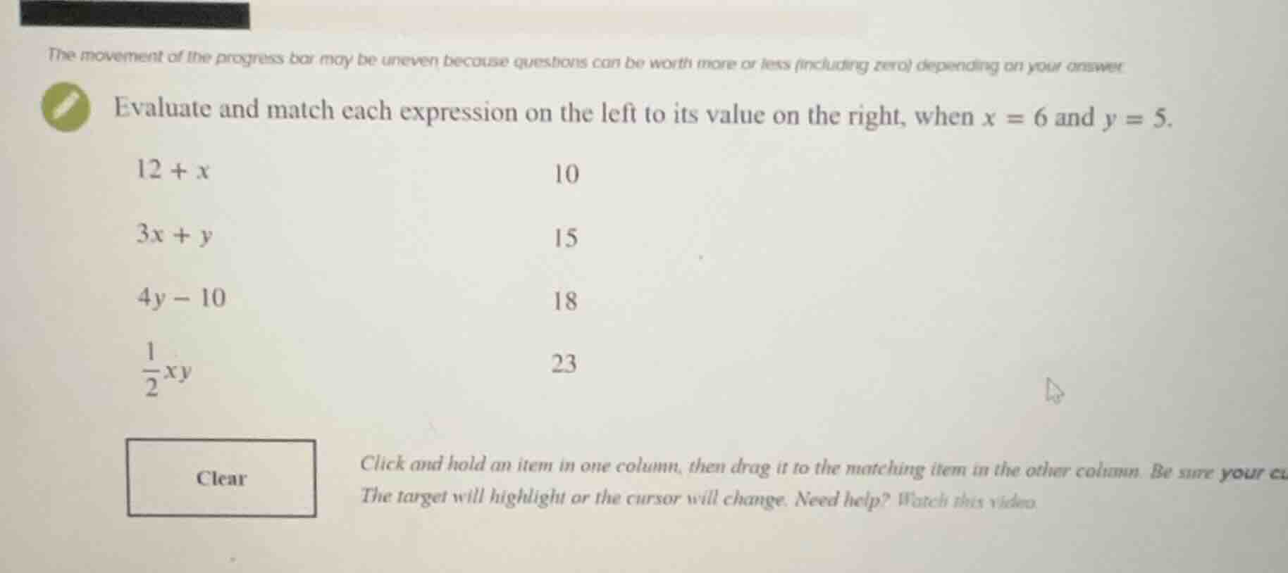 evaluate and match each expression on the left to its value on the righ…