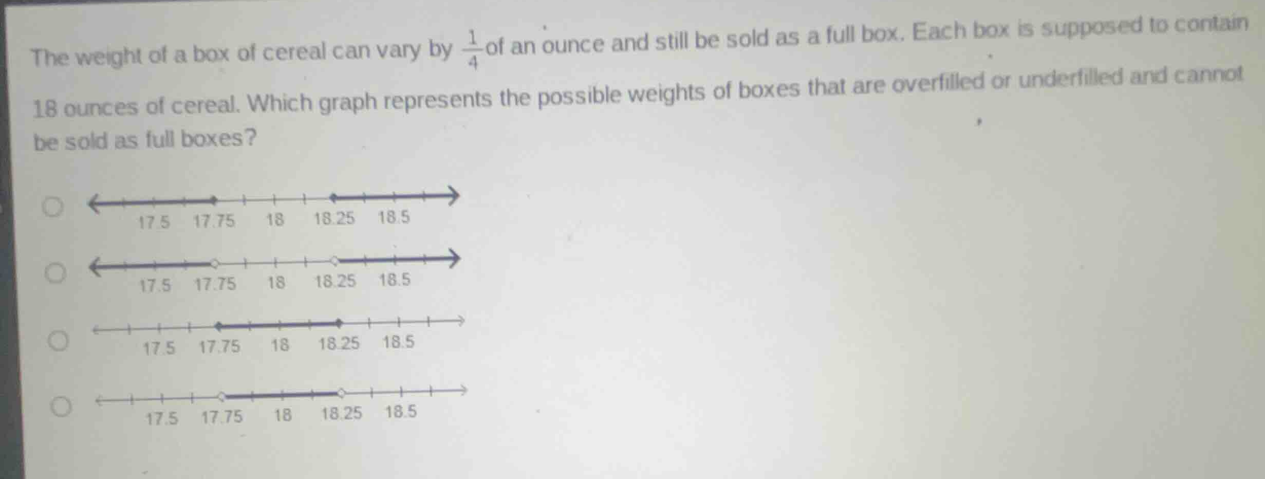the weight of a box of cereal can vary by \\(\\frac{1}{4}\\) of an ounc…