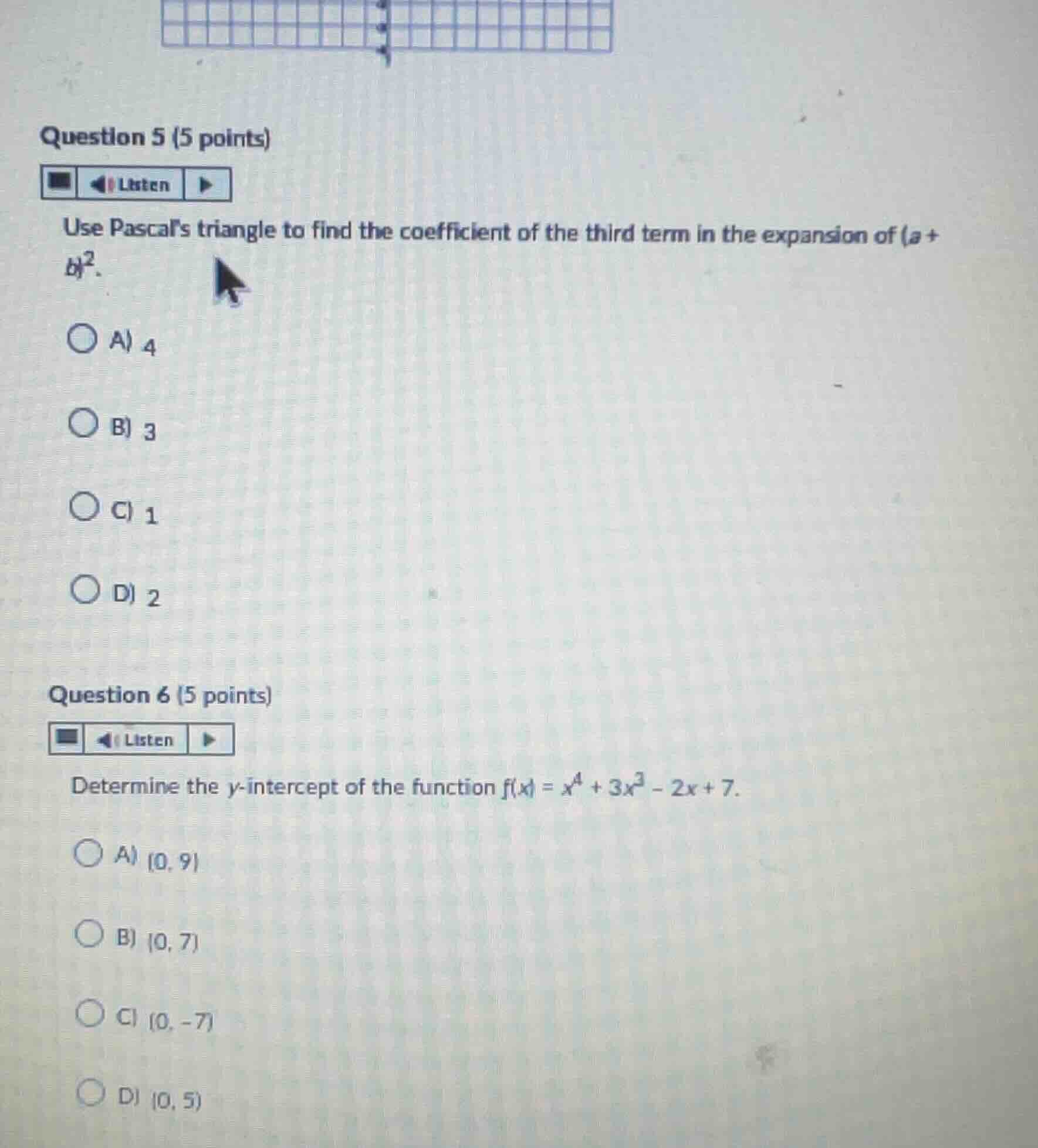 question 5 (5 points) use pascals triangle to find the coefficient of t…