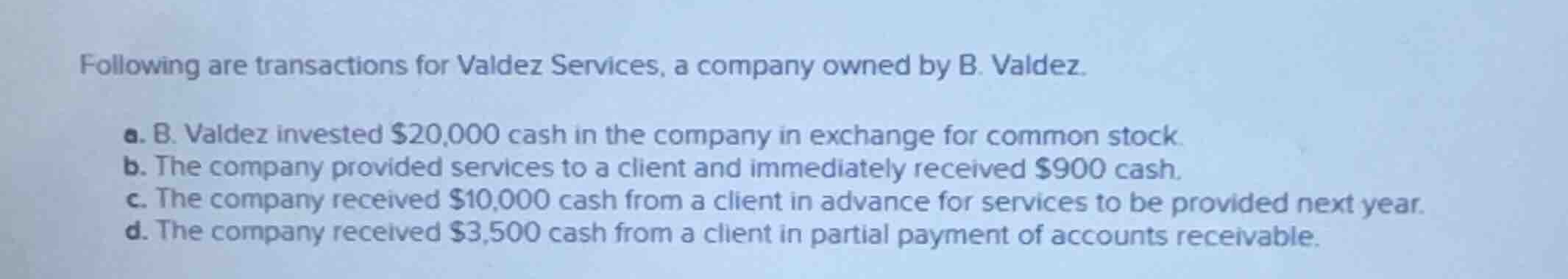 following are transactions for valdez services, a company owned by b. v…