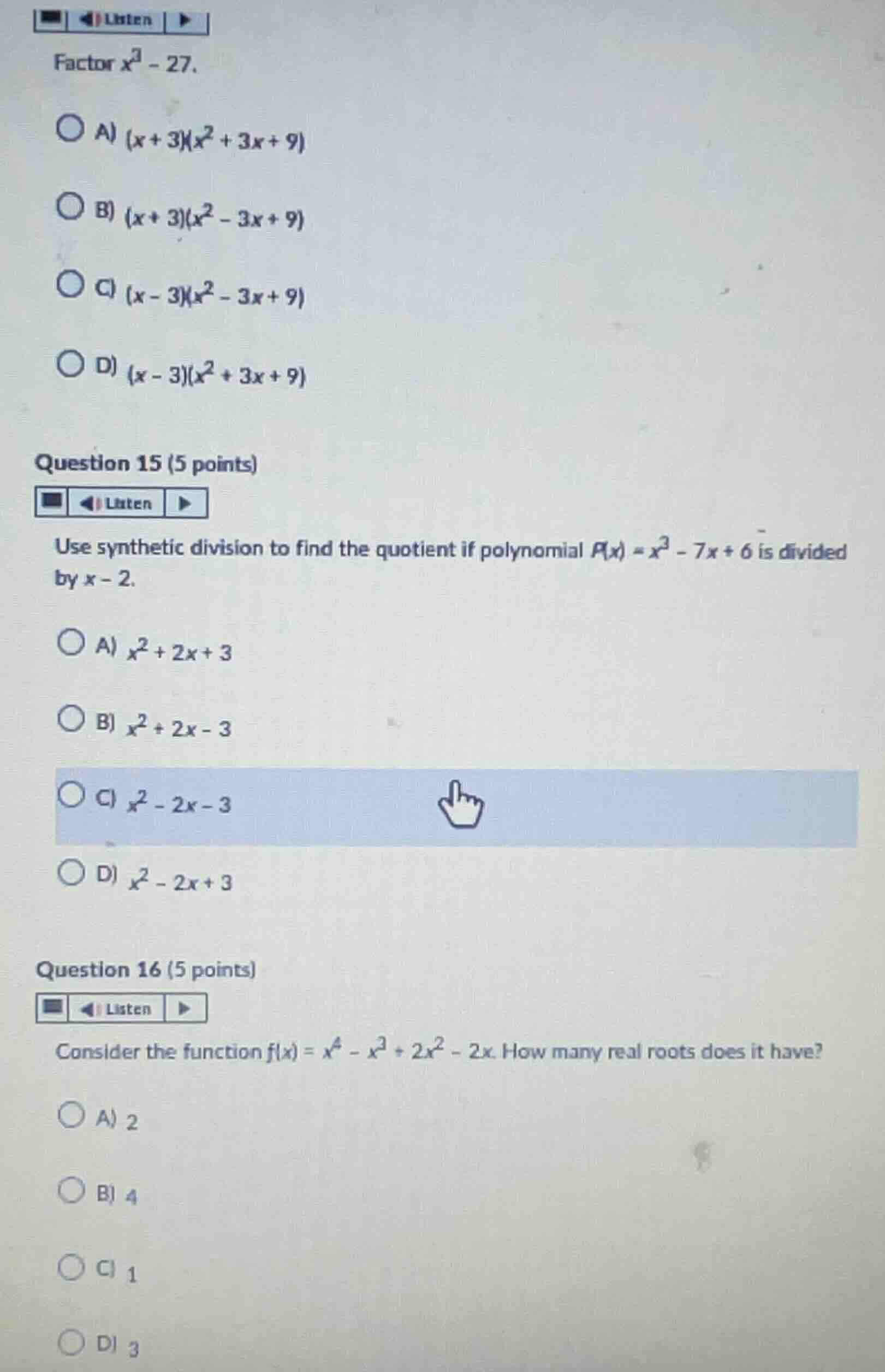factor \\(x^3 - 27\\). a) \\((x + 3)(x^2 + 3x + 9)\\) b) \\((x + 3)(x^2…