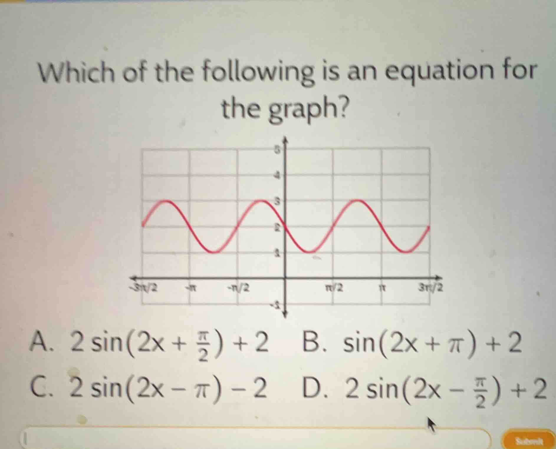 which of the following is an equation for the graph? a. (2 sin(2x + \fr…