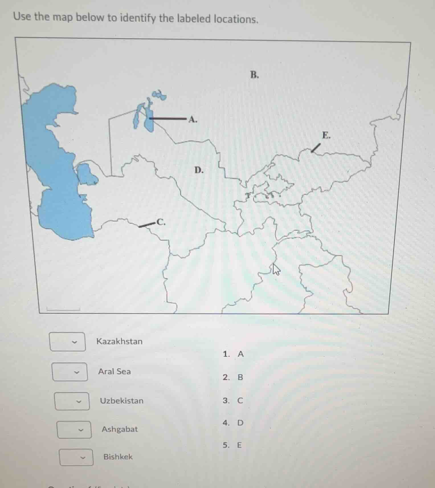 use the map below to identify the labeled locations. kazakhstan aral se…