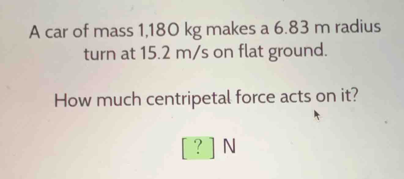 a car of mass 1,180 kg makes a 6.83 m radius turn at 15.2 m/s on flat g…