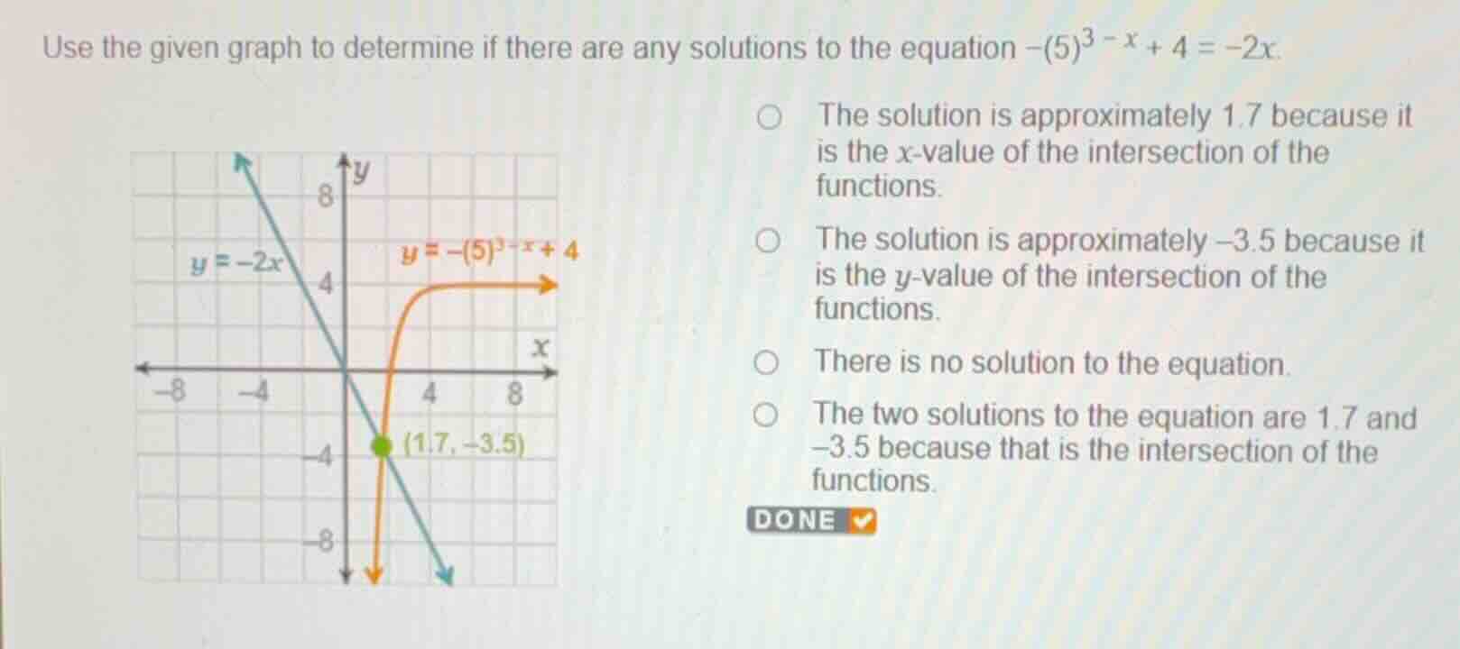 use the given graph to determine if there are any solutions to the equa…