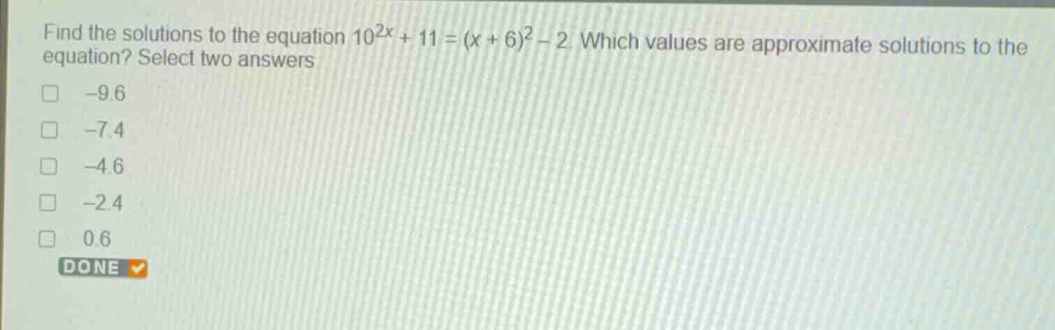 find the solutions to the equation \\(10^{2x} + 11 = (x + 6)^2 - 2\\). …