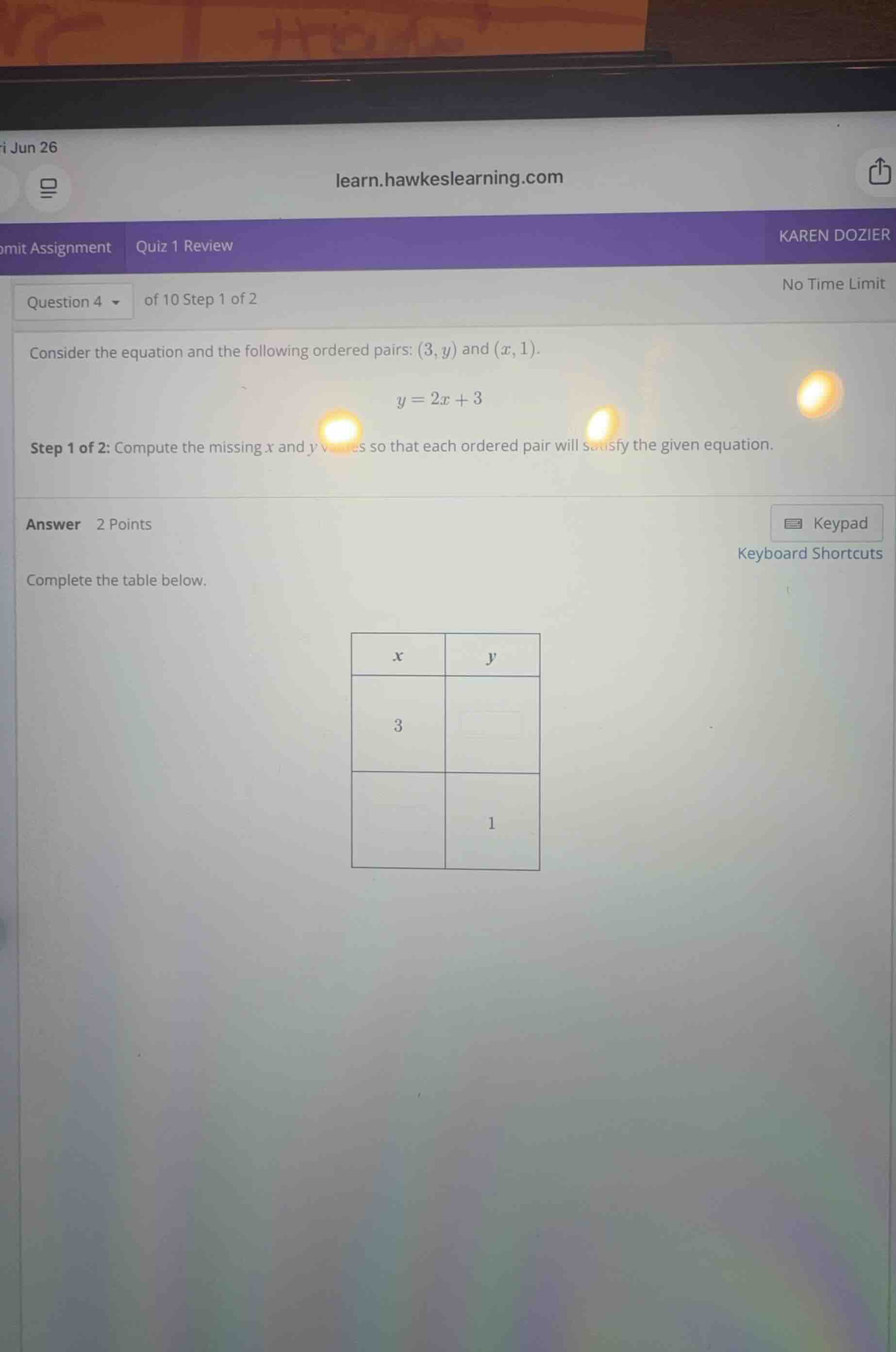 consider the equation and the following ordered pairs: \\((3, y)\\) and…
