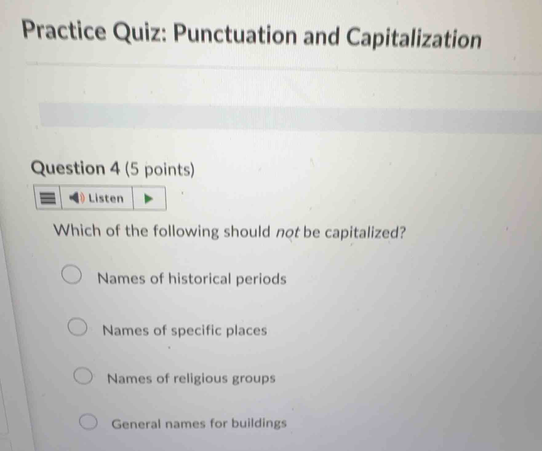 practice quiz: punctuation and capitalization question 4 (5 points) whi…