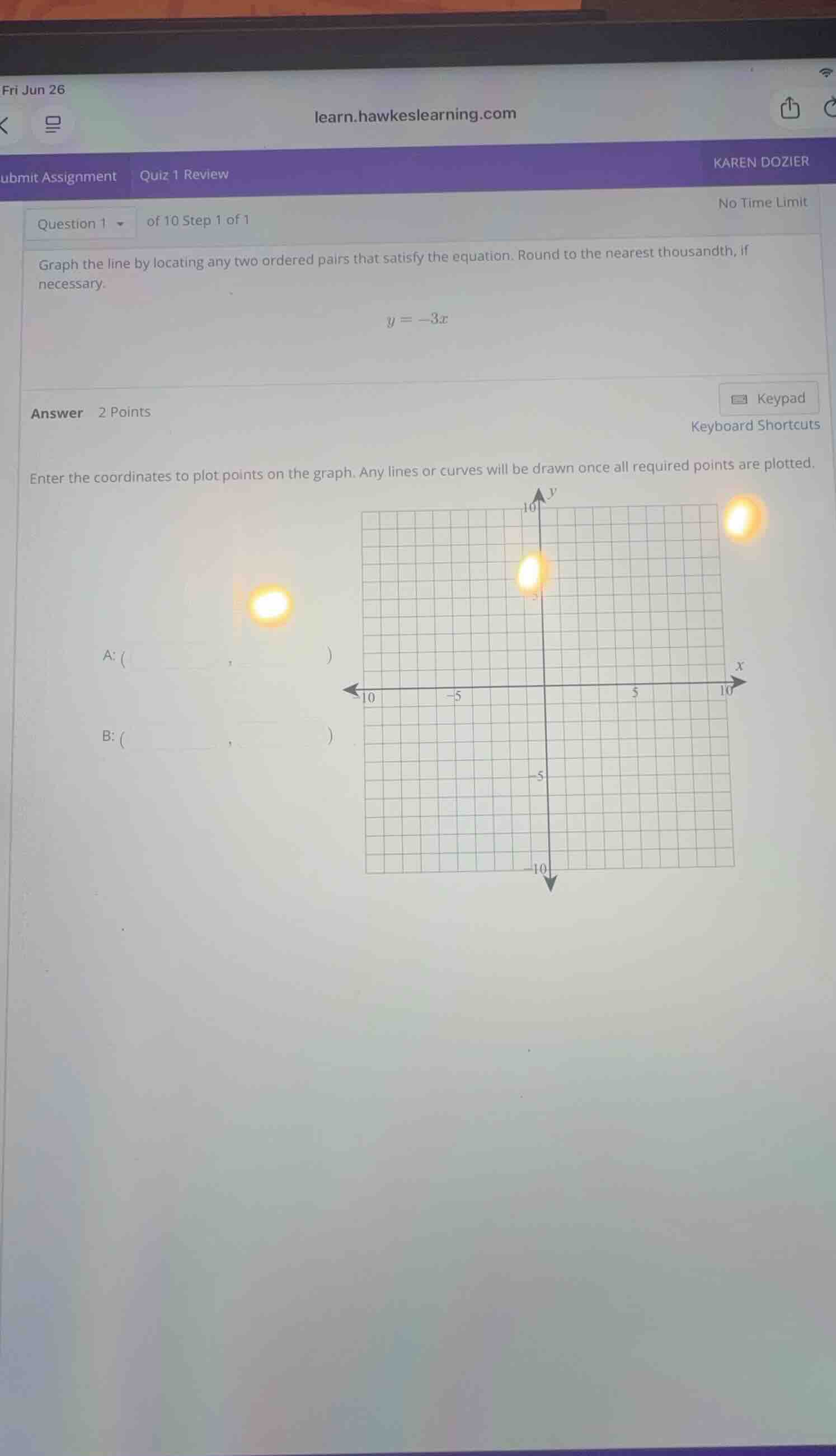 graph the line by locating any two ordered pairs that satisfy the equat…