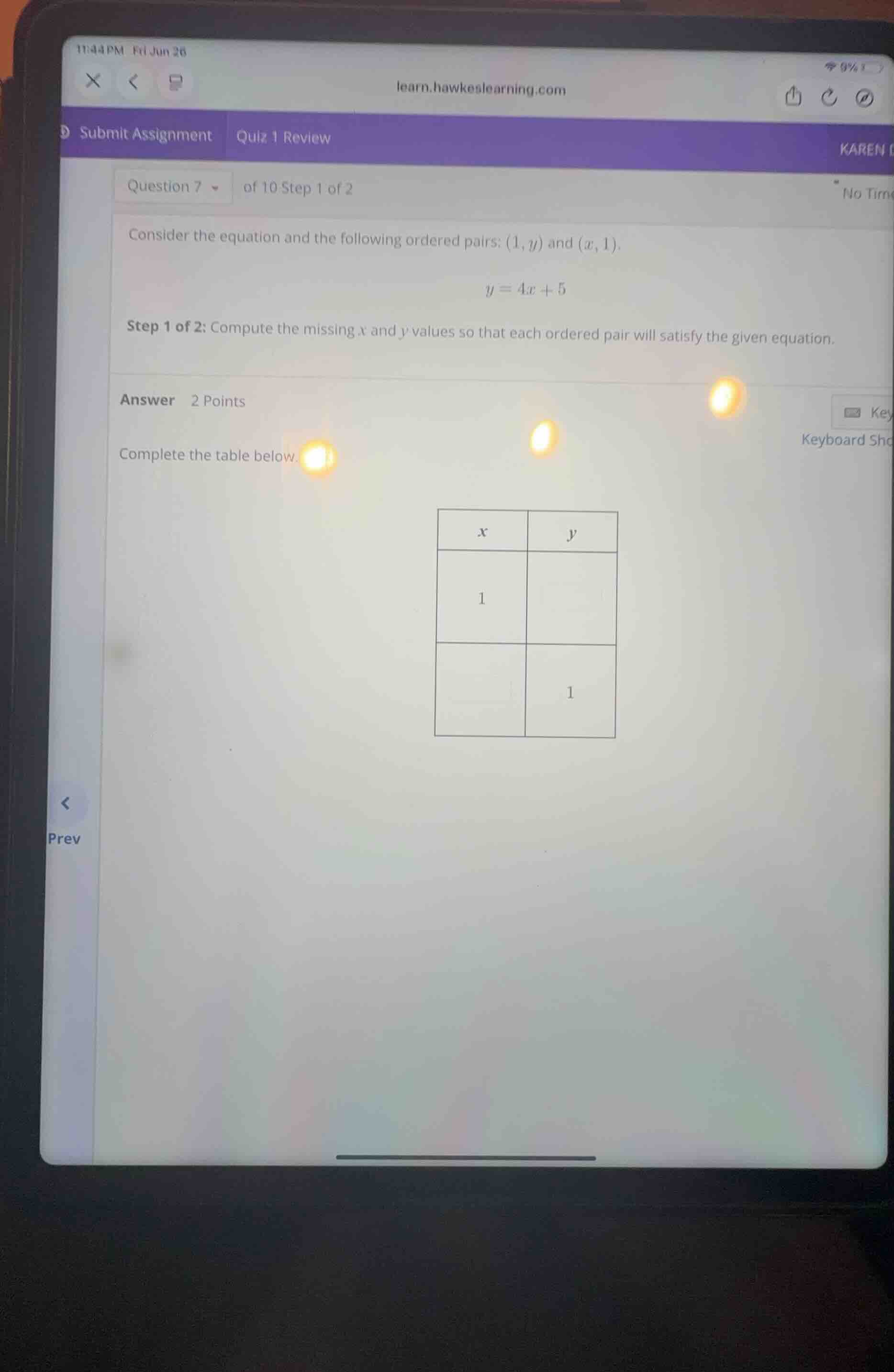consider the equation and the following ordered pairs: \\((1, y)\\) and…
