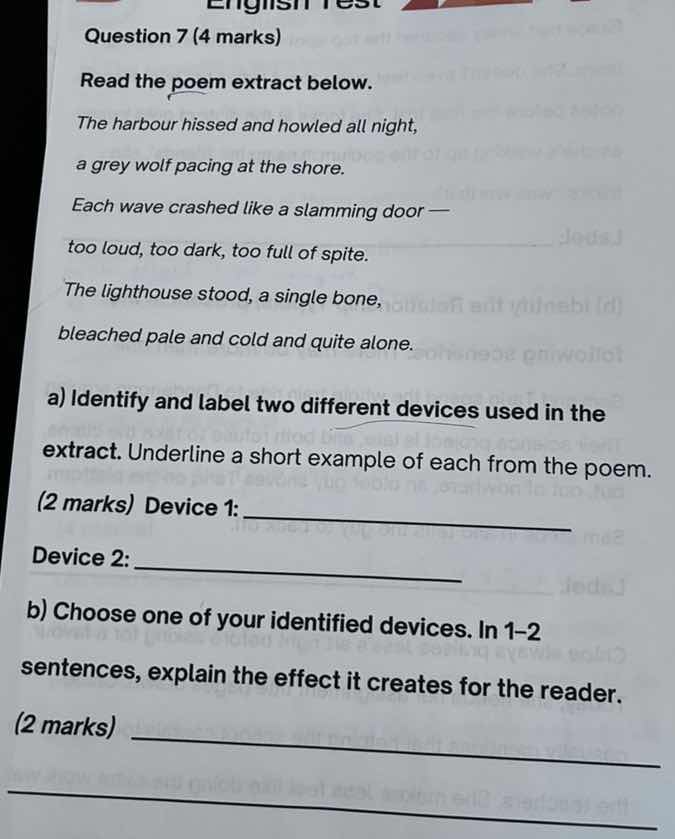 question 7 (4 marks) read the poem extract below. the harbour hissed an…