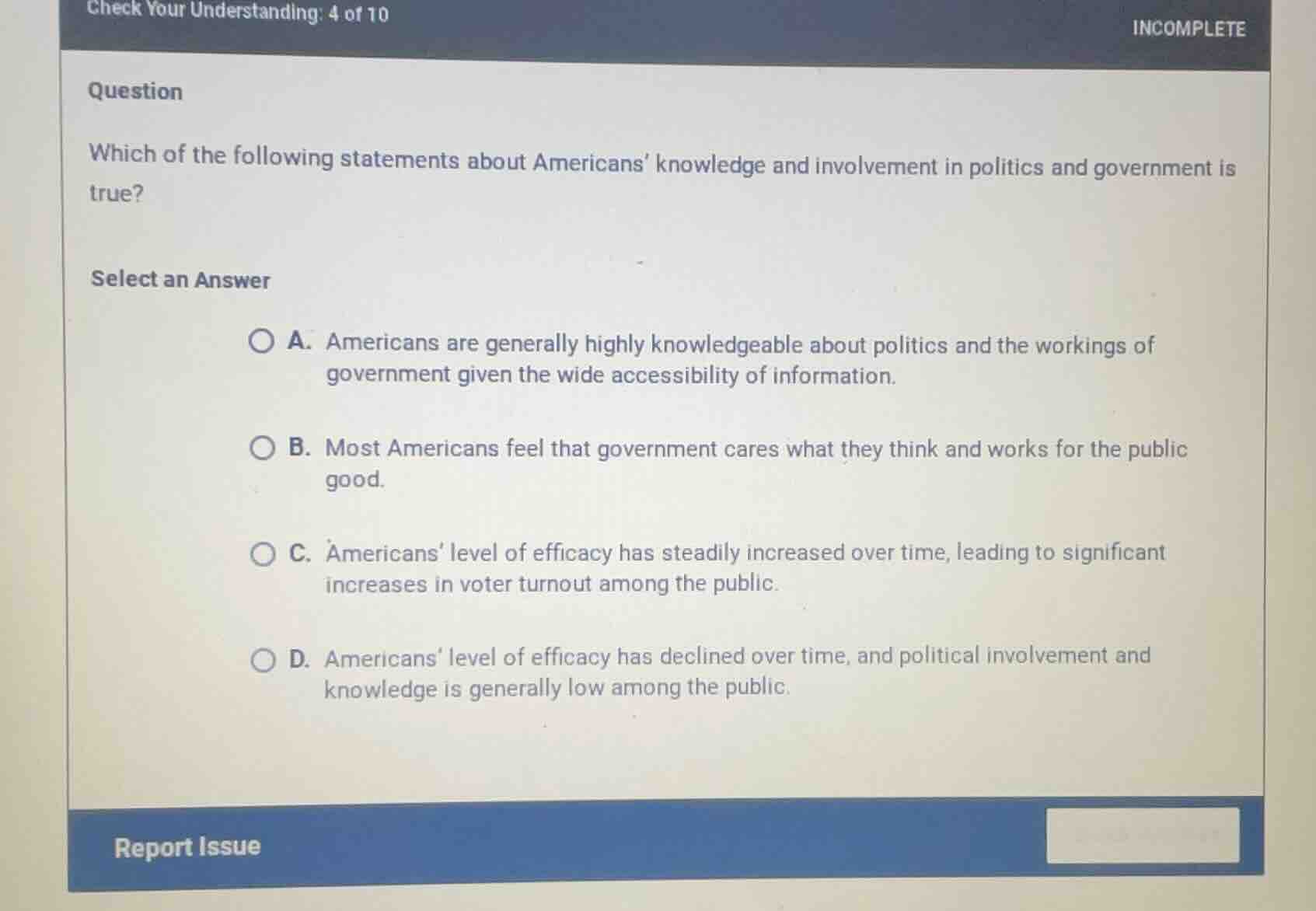 which of the following statements about americans knowledge and involve…