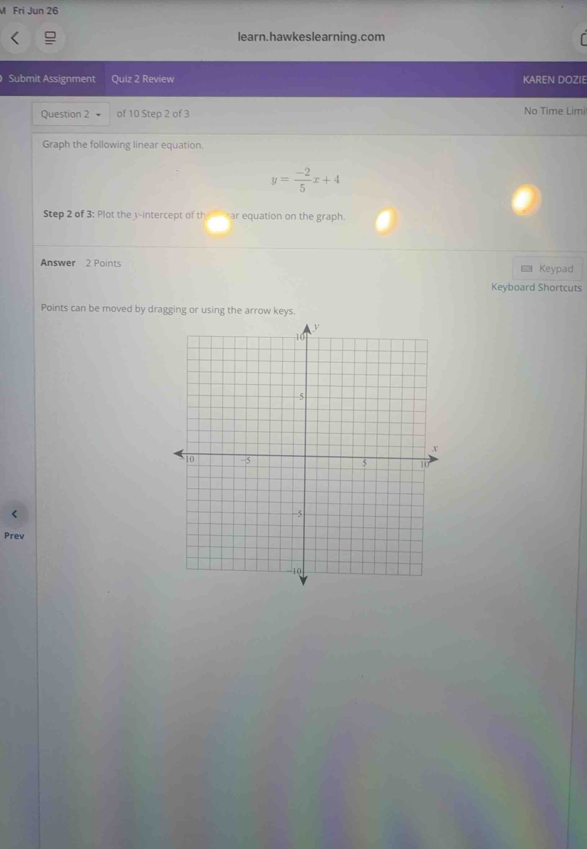 graph the following linear equation. \\y = \\frac{-2}{5}x + 4\\ step 2 …