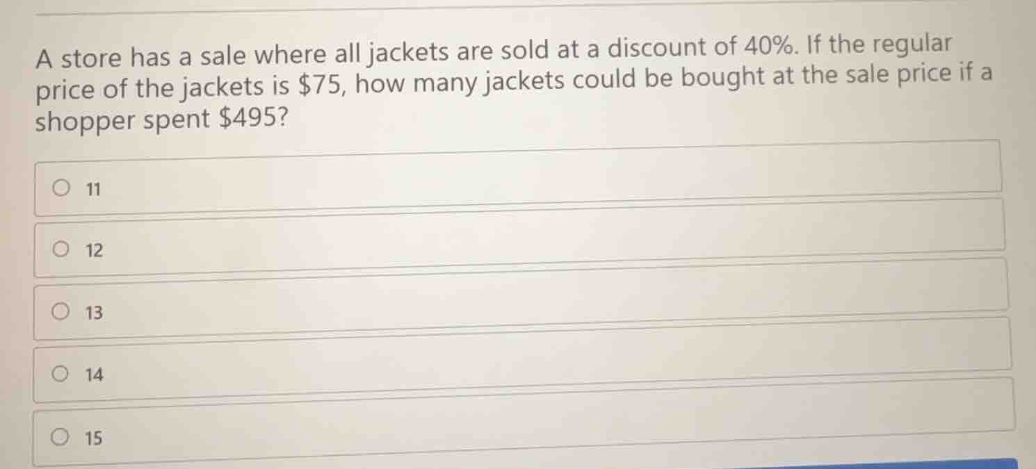 a store has a sale where all jackets are sold at a discount of 40%. if …