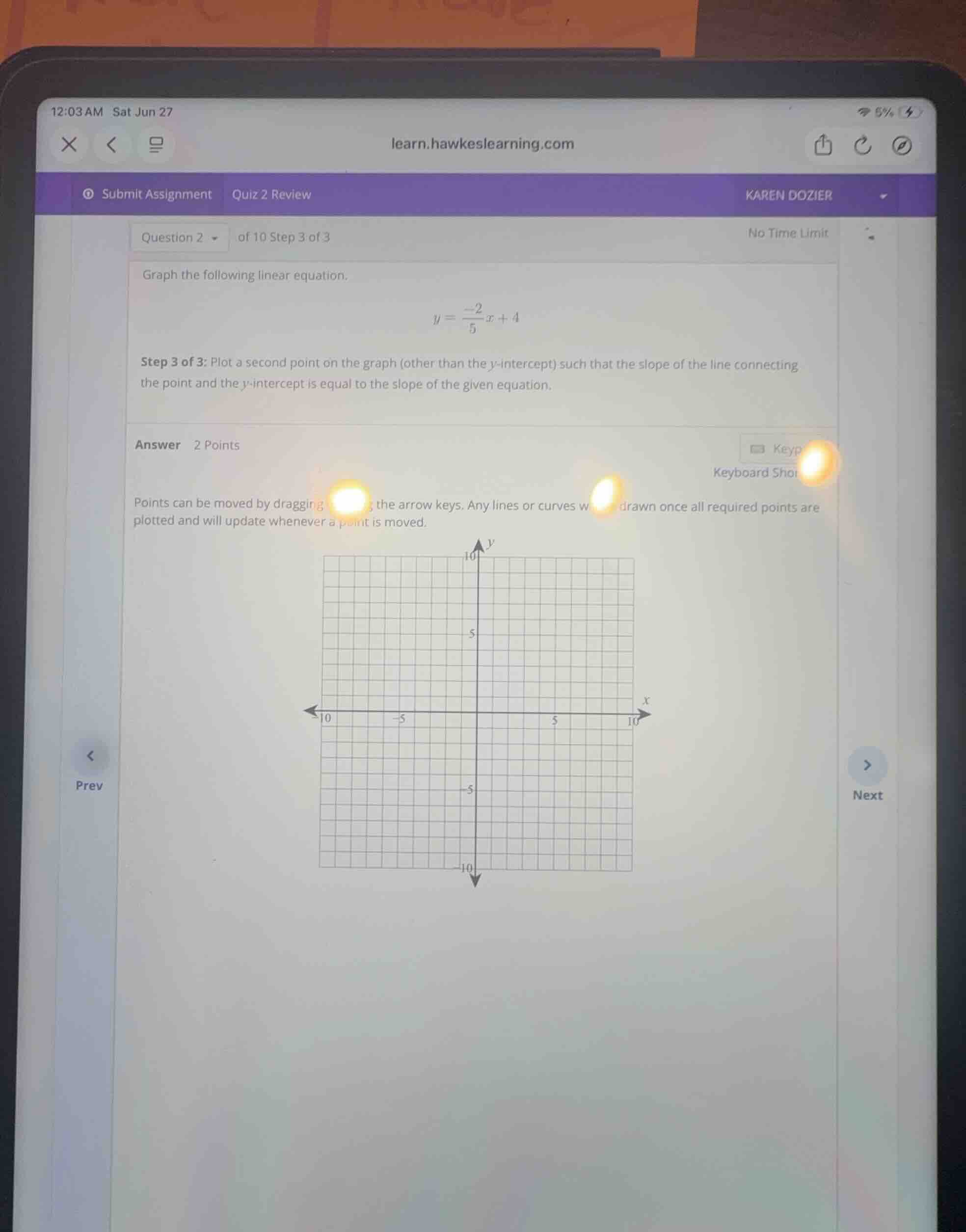 graph the following linear equation. \\y = \\frac{-2}{5}x + 4\\ step 3 …