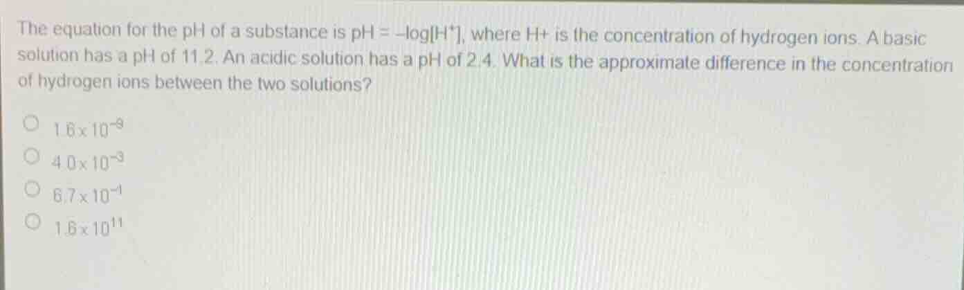the equation for the ph of a substance is \\(\\text{ph} = -\\log\\text{…