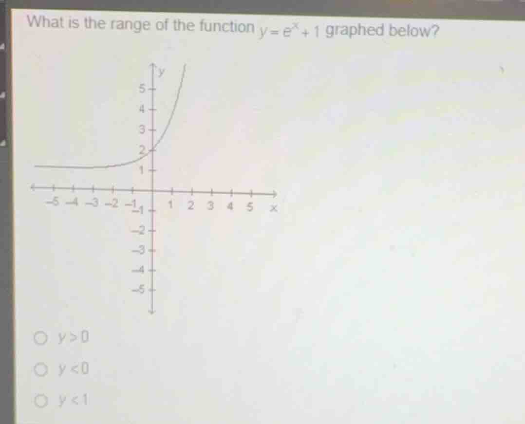 what is the range of the function \\(y = e^x + 1\\) graphed below? \\(y…