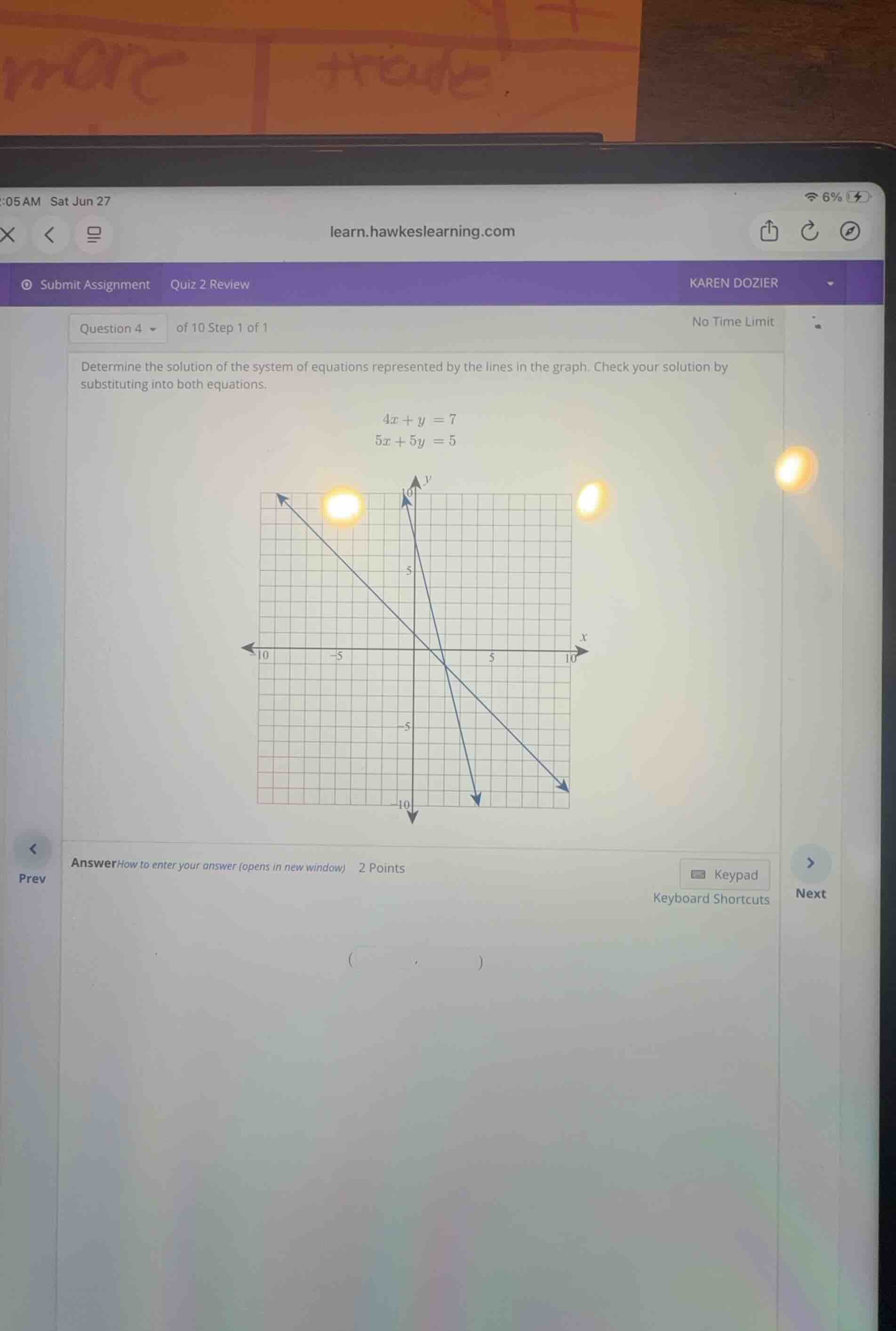 determine the solution of the system of equations represented by the li…