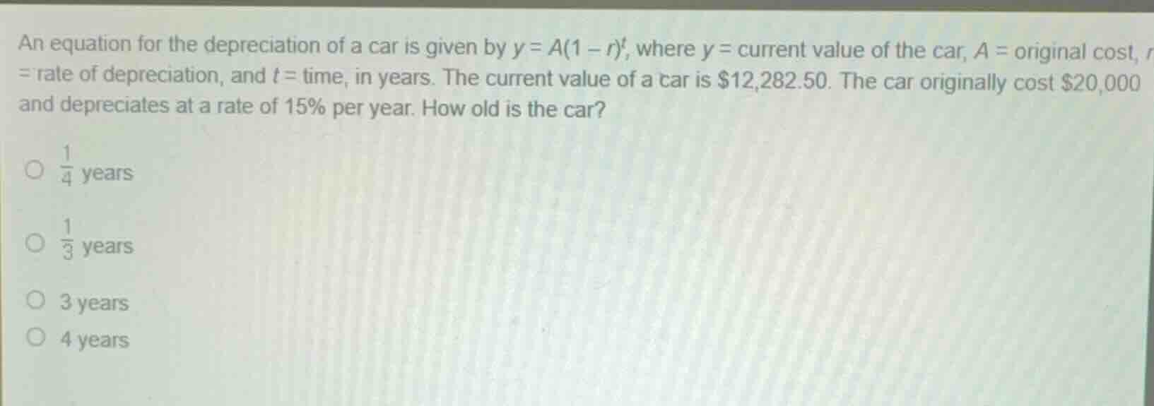 an equation for the depreciation of a car is given by (y = a(1 - r)^t),…