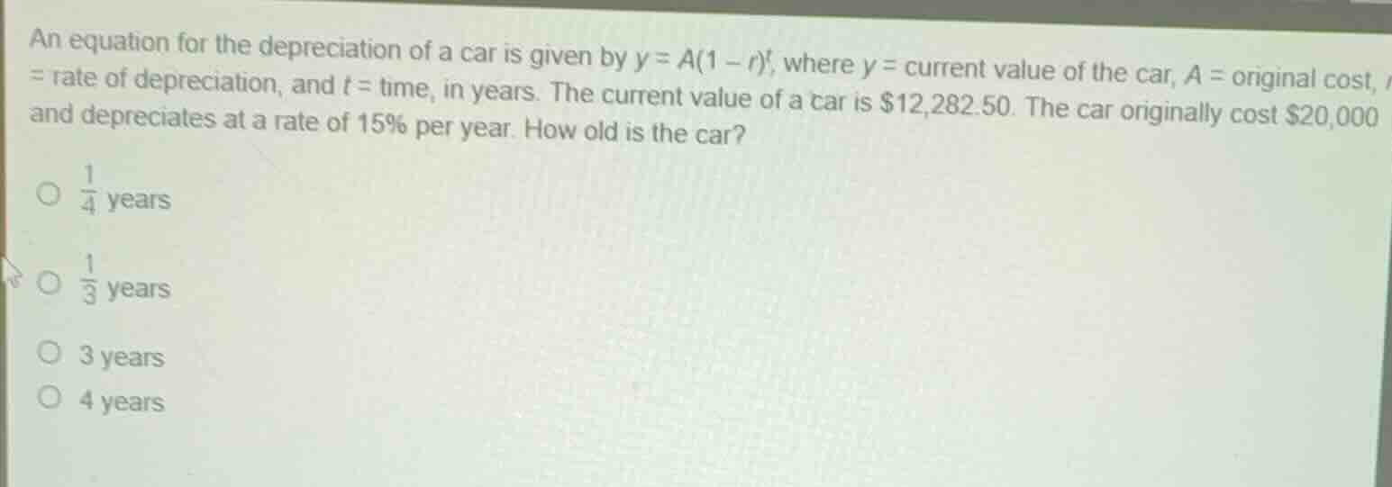 an equation for the depreciation of a car is given by (y = a(1 - r)^t),…