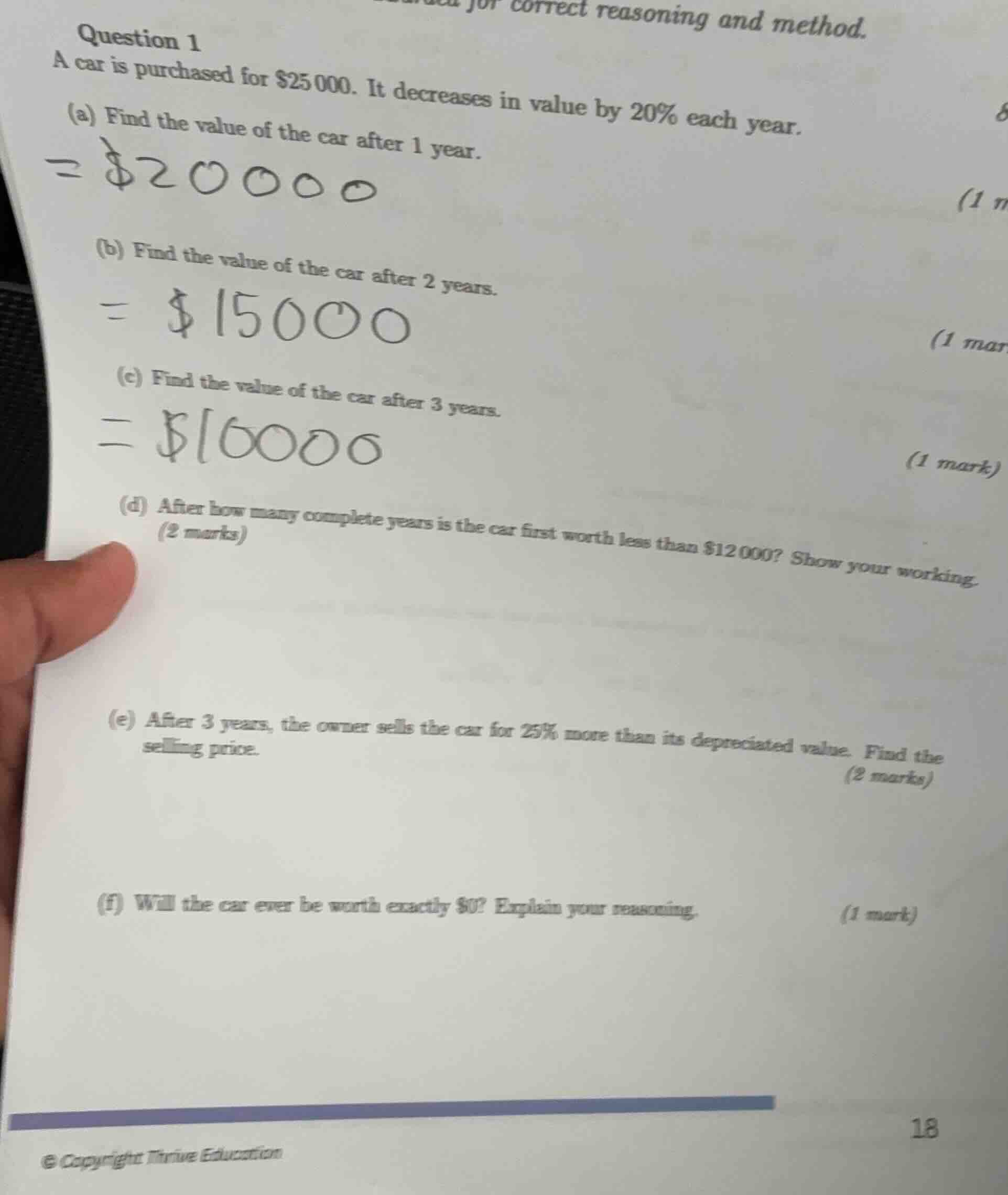 question 1 a car is purchased for \\$25,000. it decreases in value by 2…