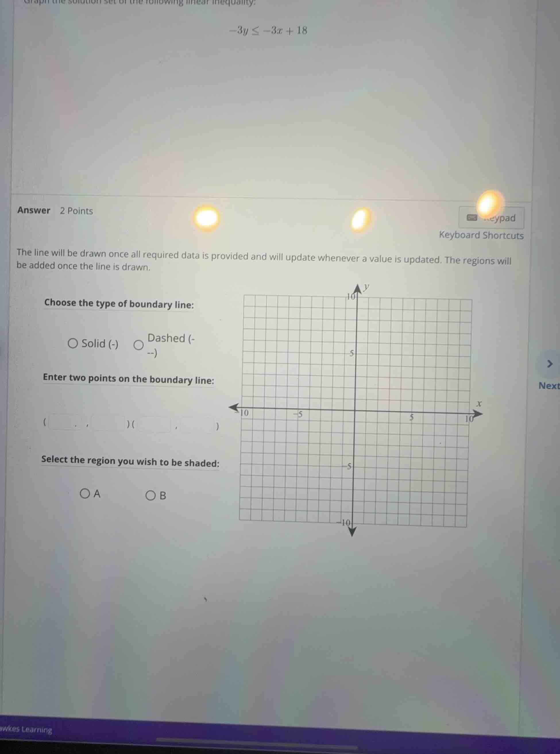 graph the solution set of the following linear inequality: \\-3y \\le -…