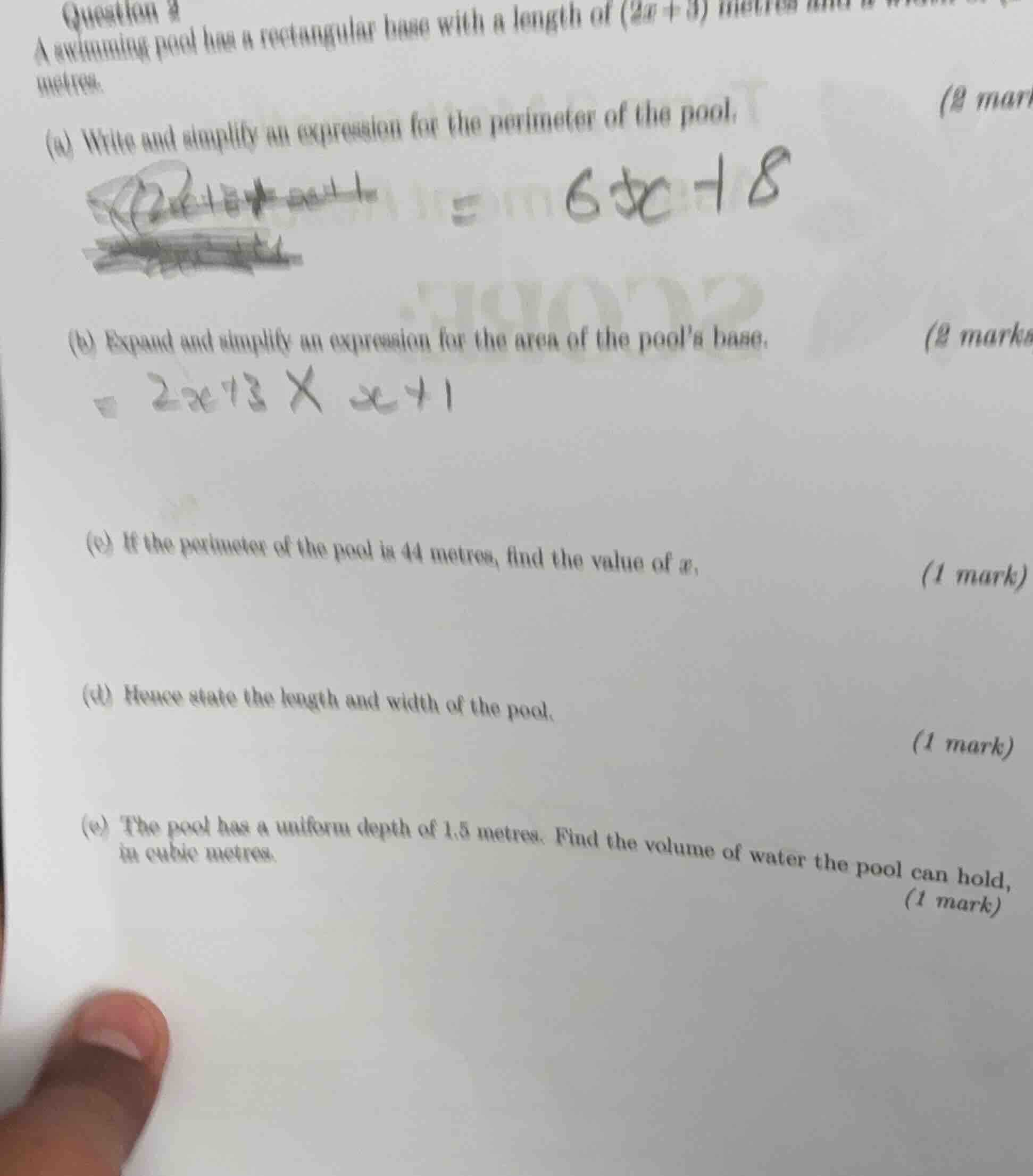 question 2 a swimming pool has a rectangular base with a length of \\( …