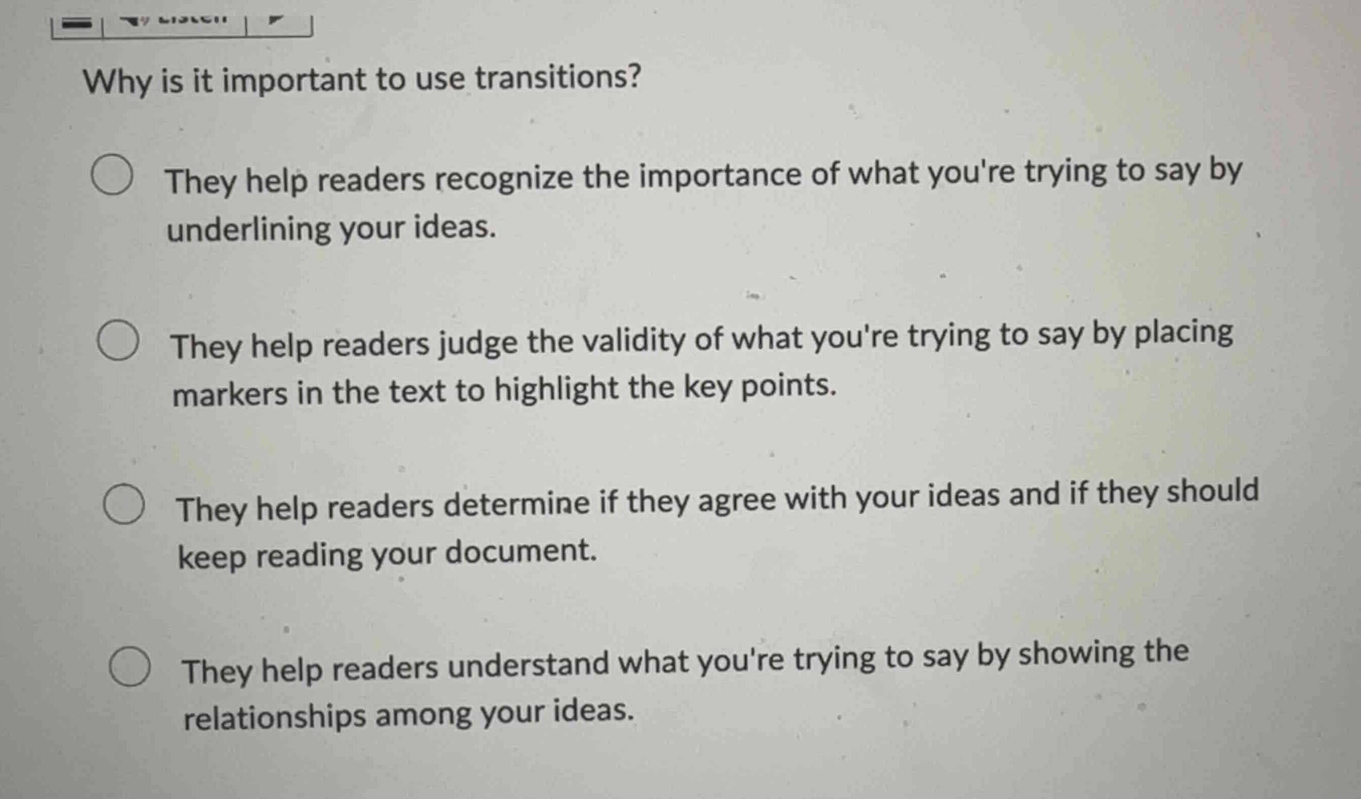 why is it important to use transitions? they help readers recognize the…