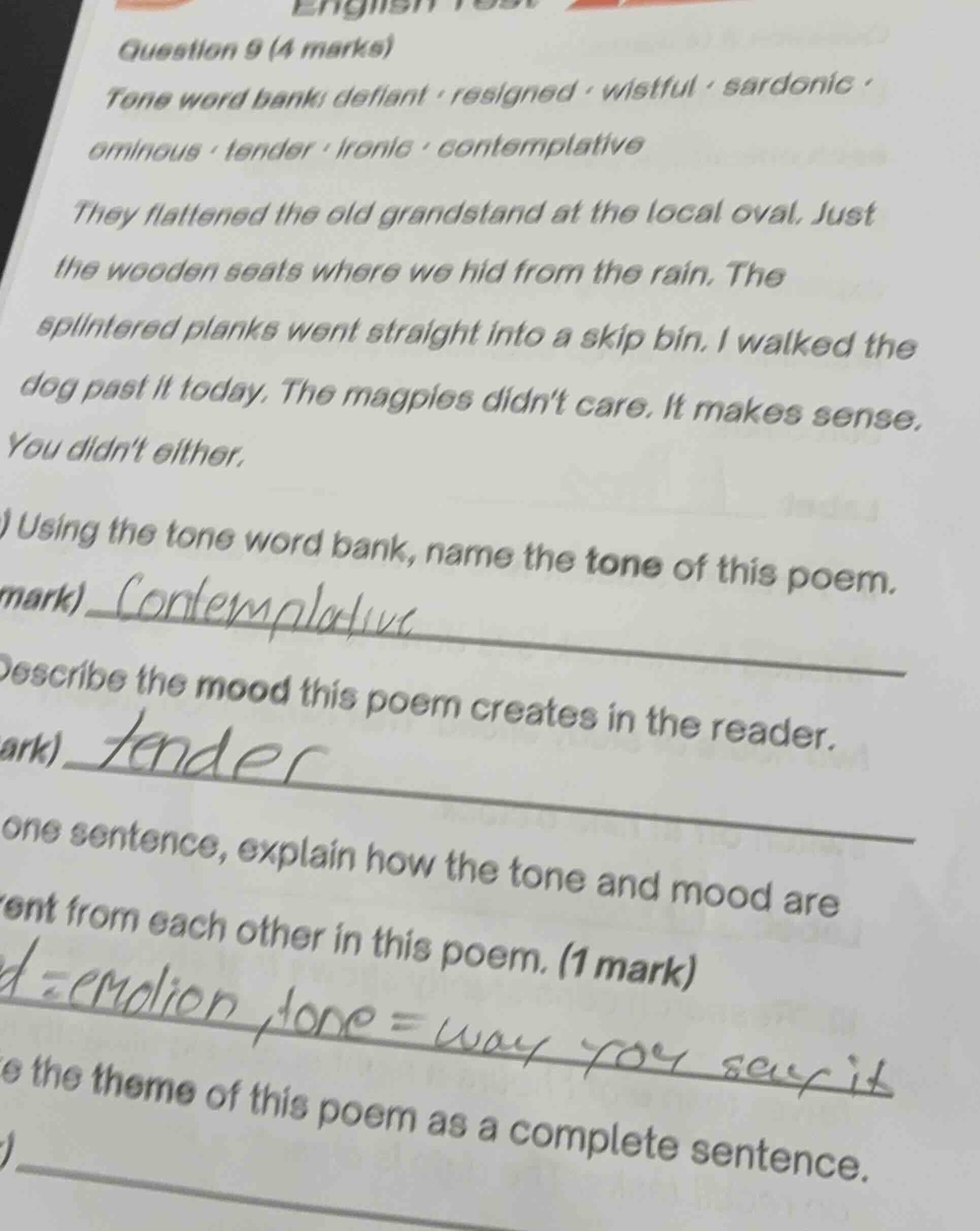 question 9 (4 marks) tone word bank: defiant, resigned, wistful, sardon…