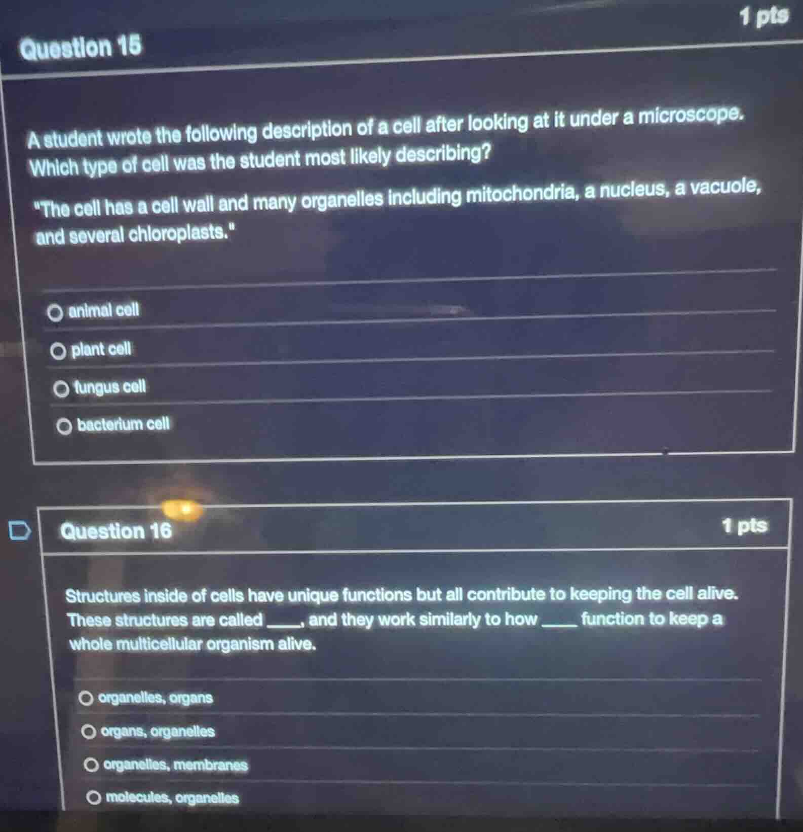 question 15 1 pts a student wrote the following description of a cell a…