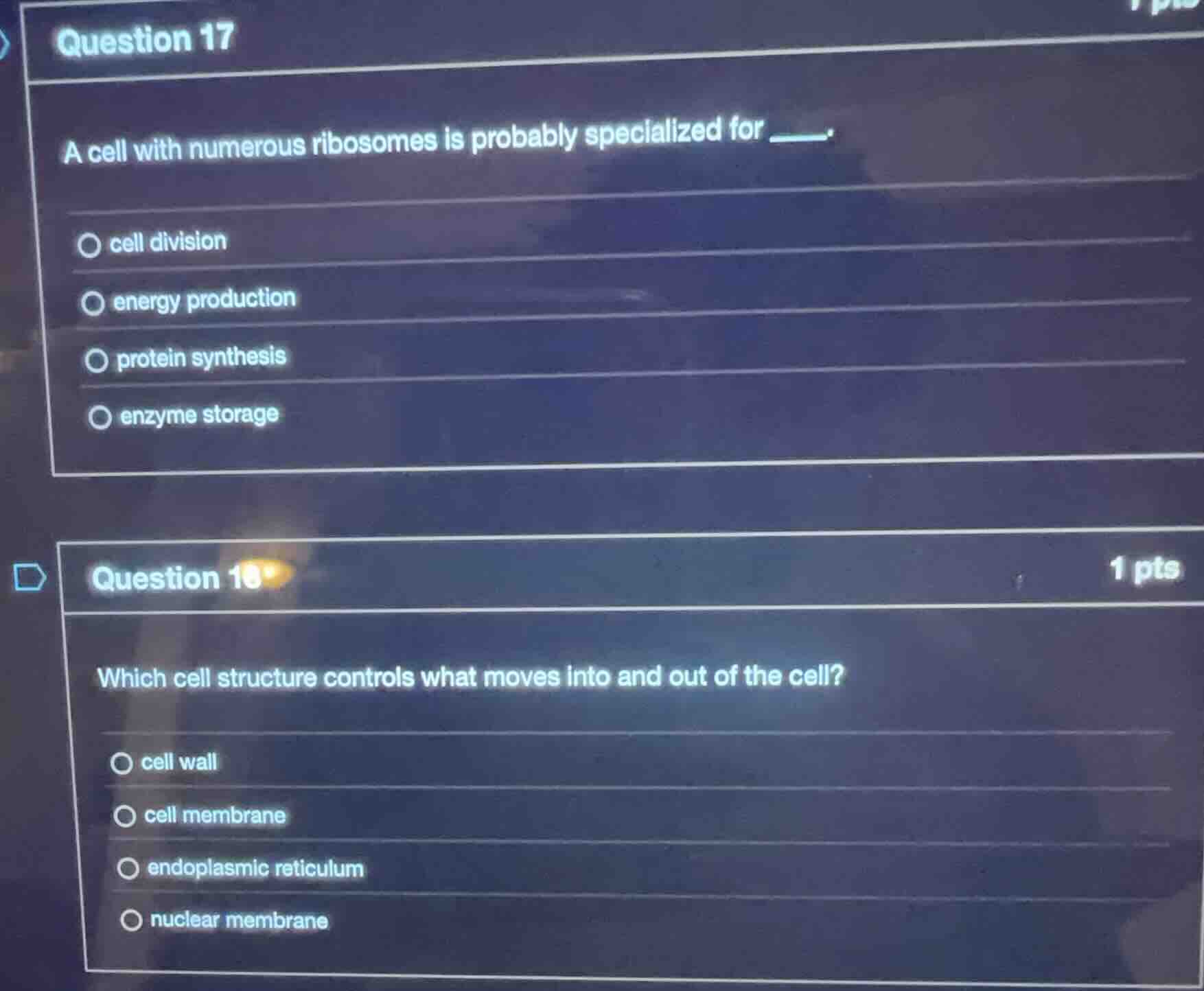 question 17 a cell with numerous ribosomes is probably specialized for …