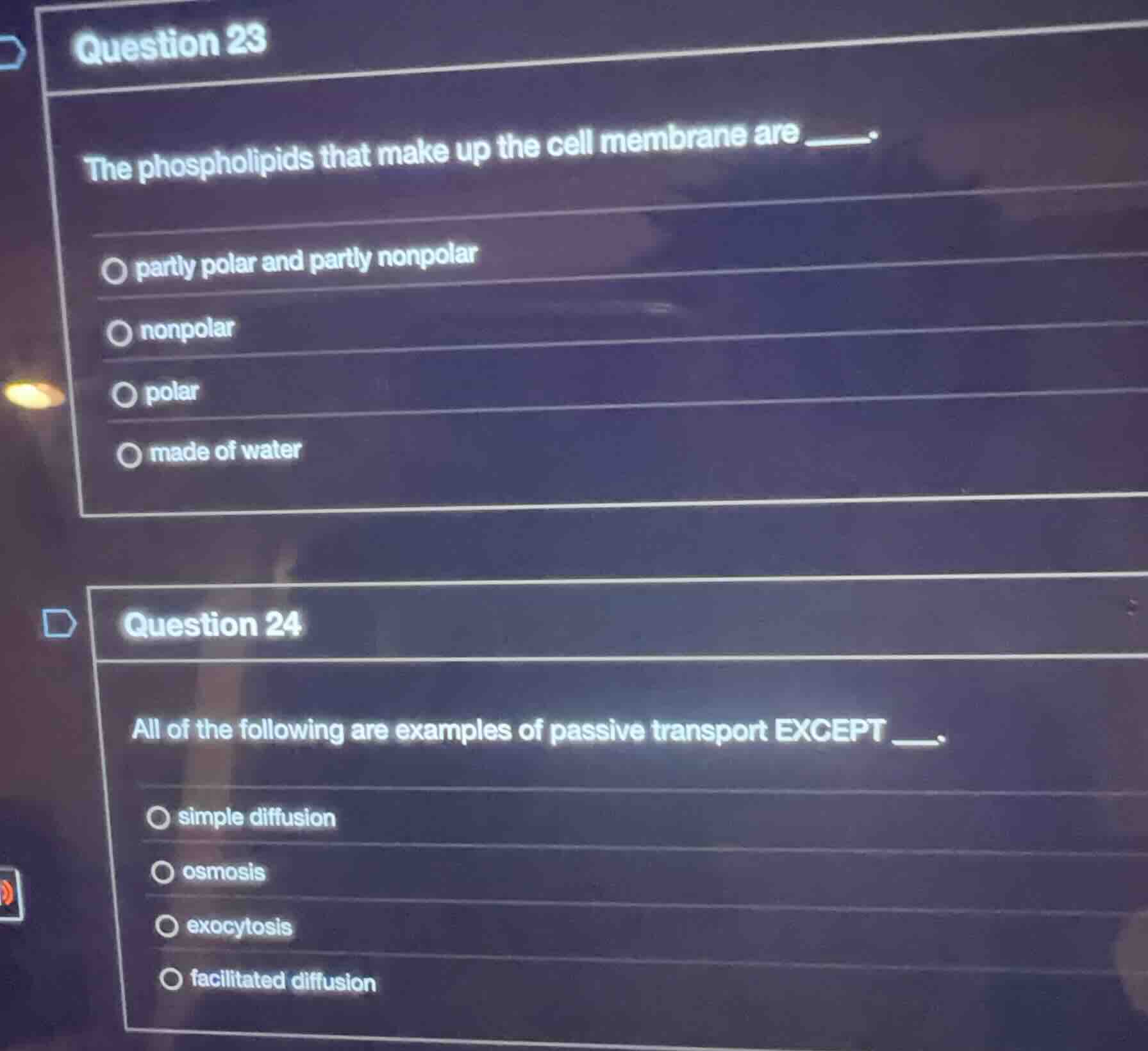 question 23 the phospholipids that make up the cell membrane are ___. -…