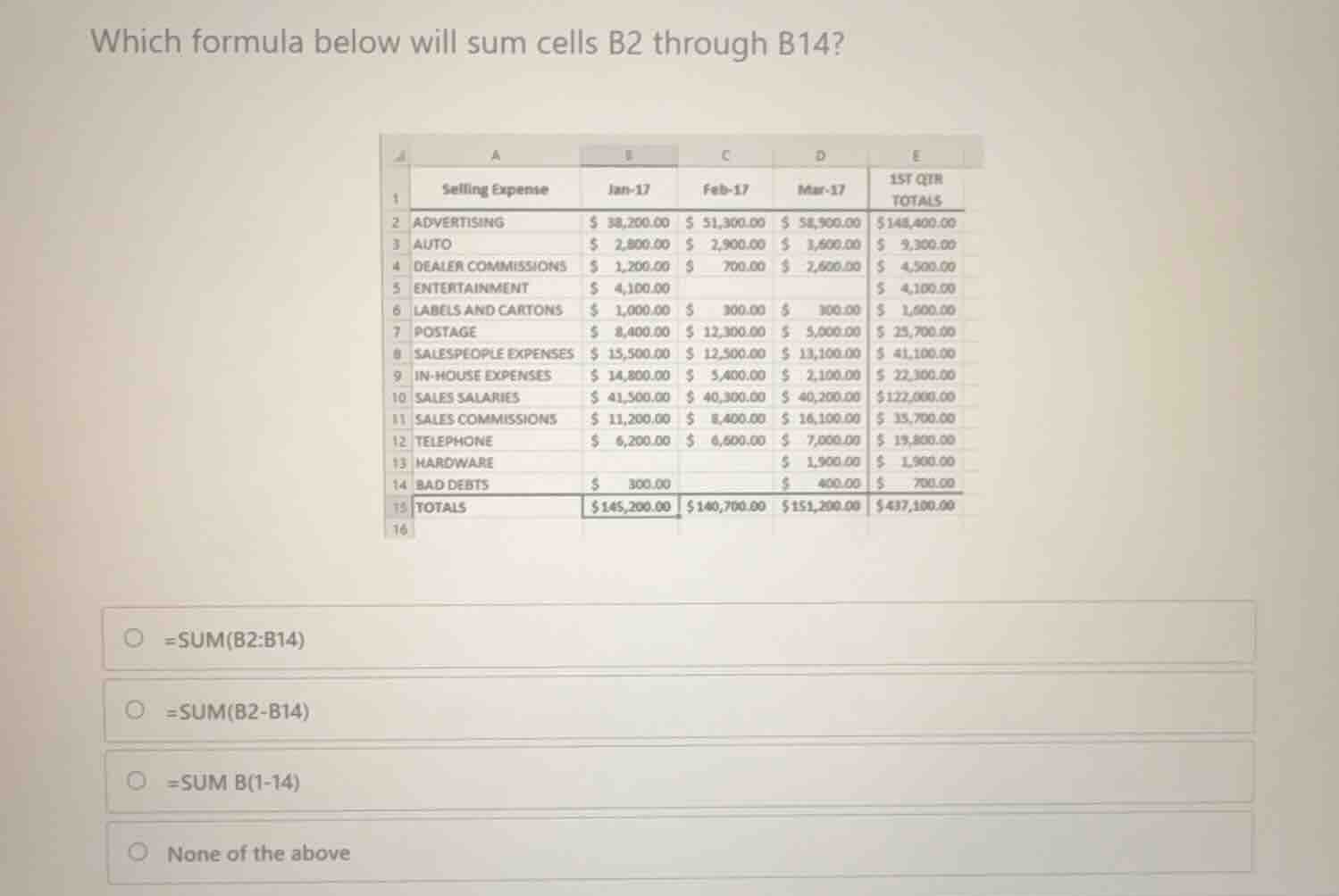 which formula below will sum cells b2 through b14? * =sum(b2:b14) * =su…