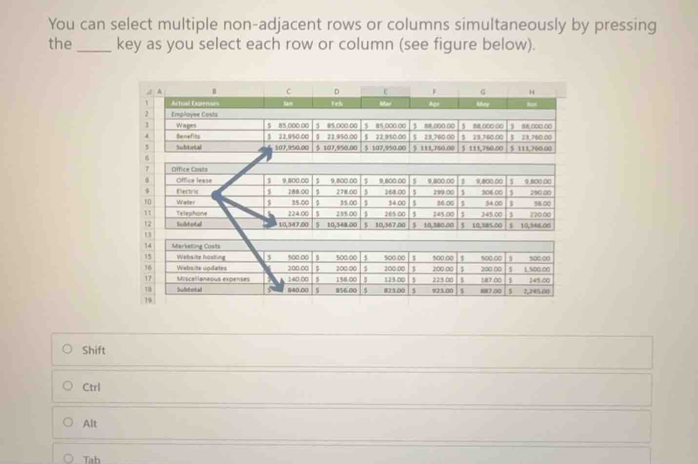 you can select multiple non-adjacent rows or columns simultaneously by …