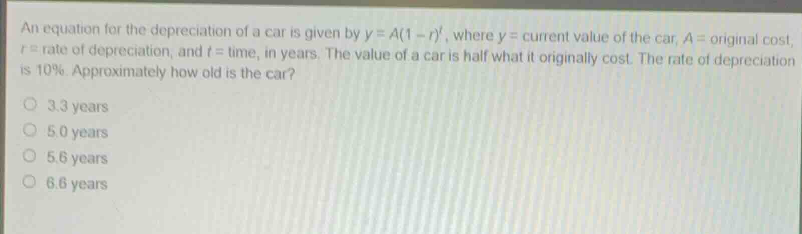 an equation for the depreciation of a car is given by (y = a(1 - r)^t),…