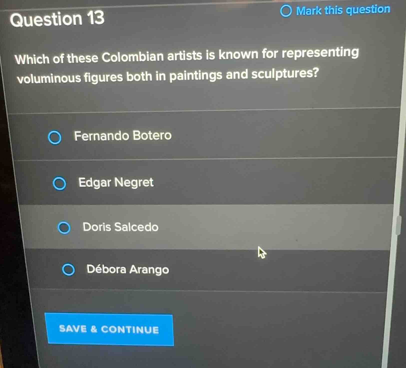 question 13 which of these colombian artists is known for representing …