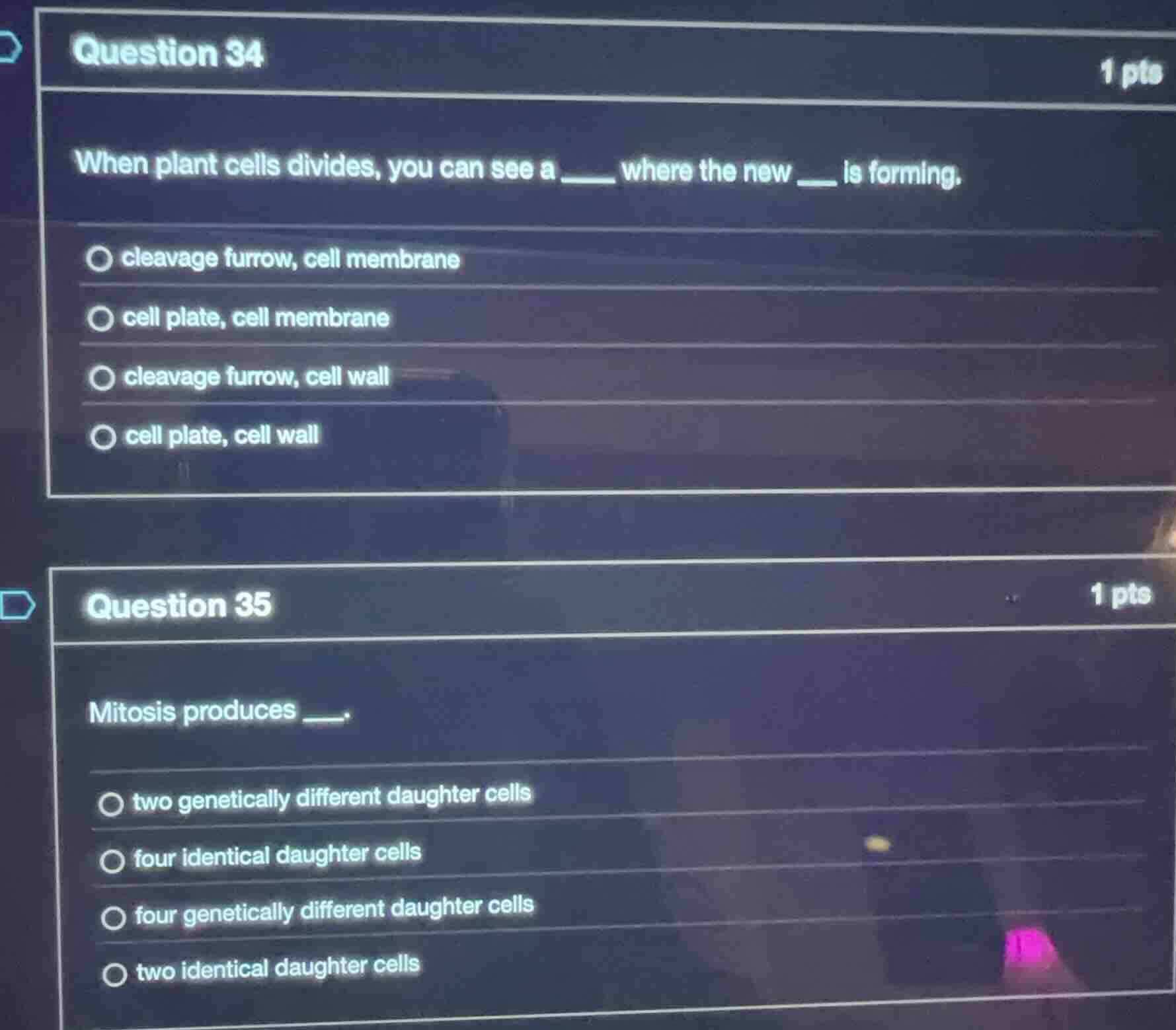 question 34 when plant cells divides, you can see a ___ where the new _…