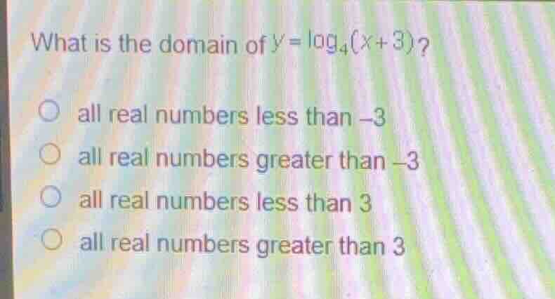 what is the domain of \\(y = \\log_{4}(x + 3)\\)? all real numbers less…